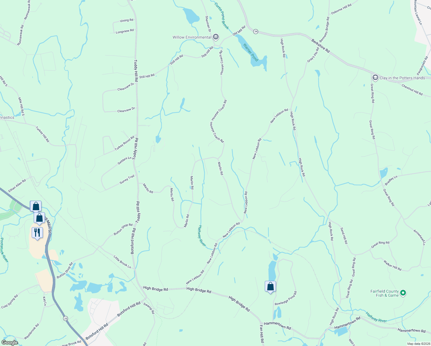 map of restaurants, bars, coffee shops, grocery stores, and more near 68 Marlin Road in Newtown