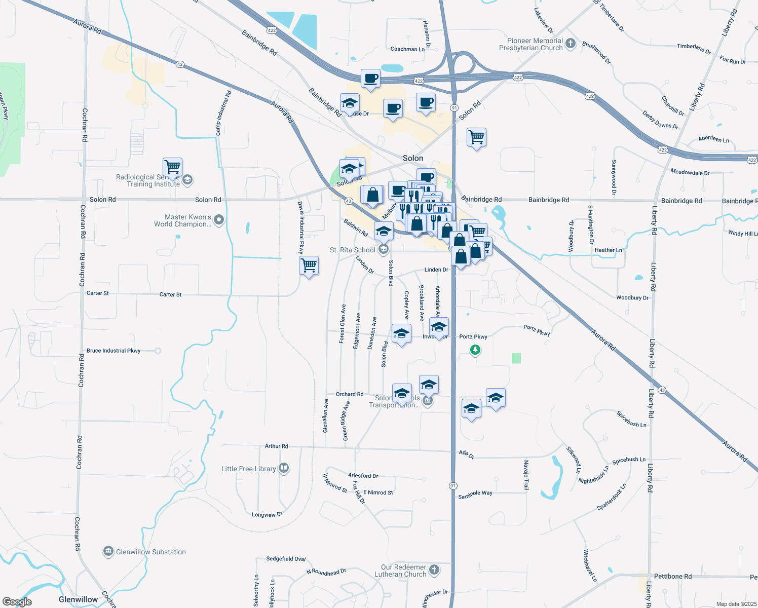 map of restaurants, bars, coffee shops, grocery stores, and more near 6575 Duneden Avenue in Solon