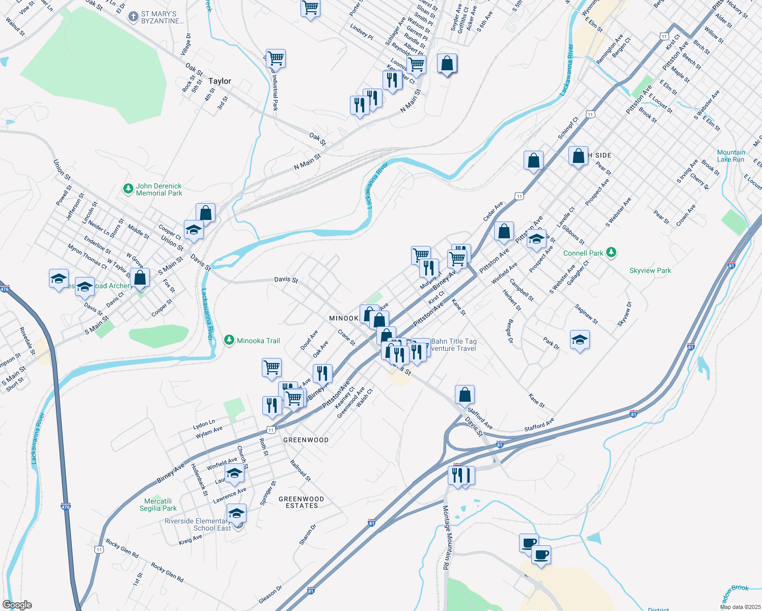 map of restaurants, bars, coffee shops, grocery stores, and more near 2920 Cedar Ave in Scranton