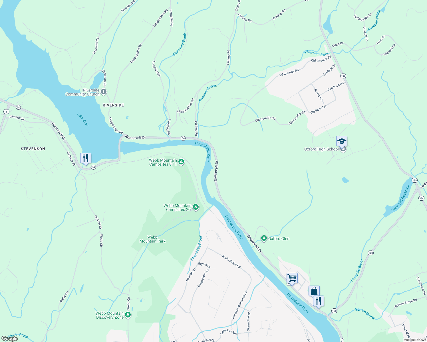 map of restaurants, bars, coffee shops, grocery stores, and more near 579 Roosevelt Drive in Oxford