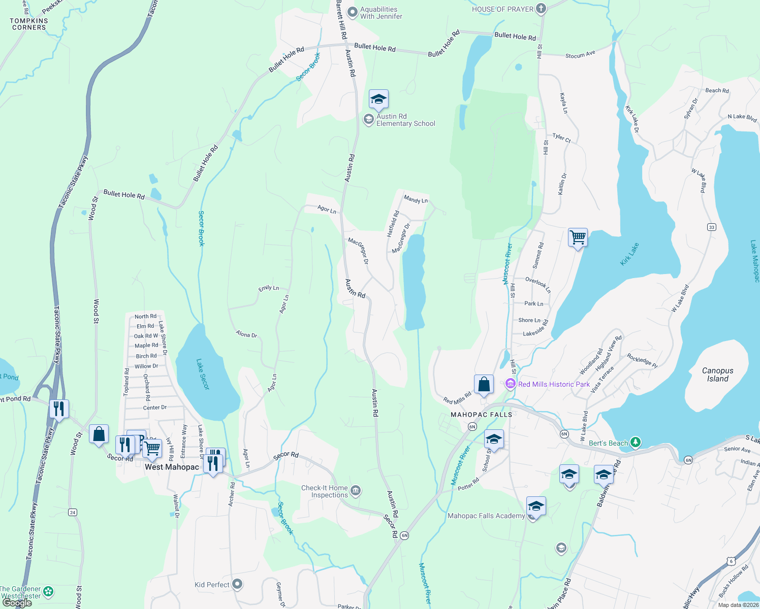 map of restaurants, bars, coffee shops, grocery stores, and more near 210 Austin Road in Mahopac
