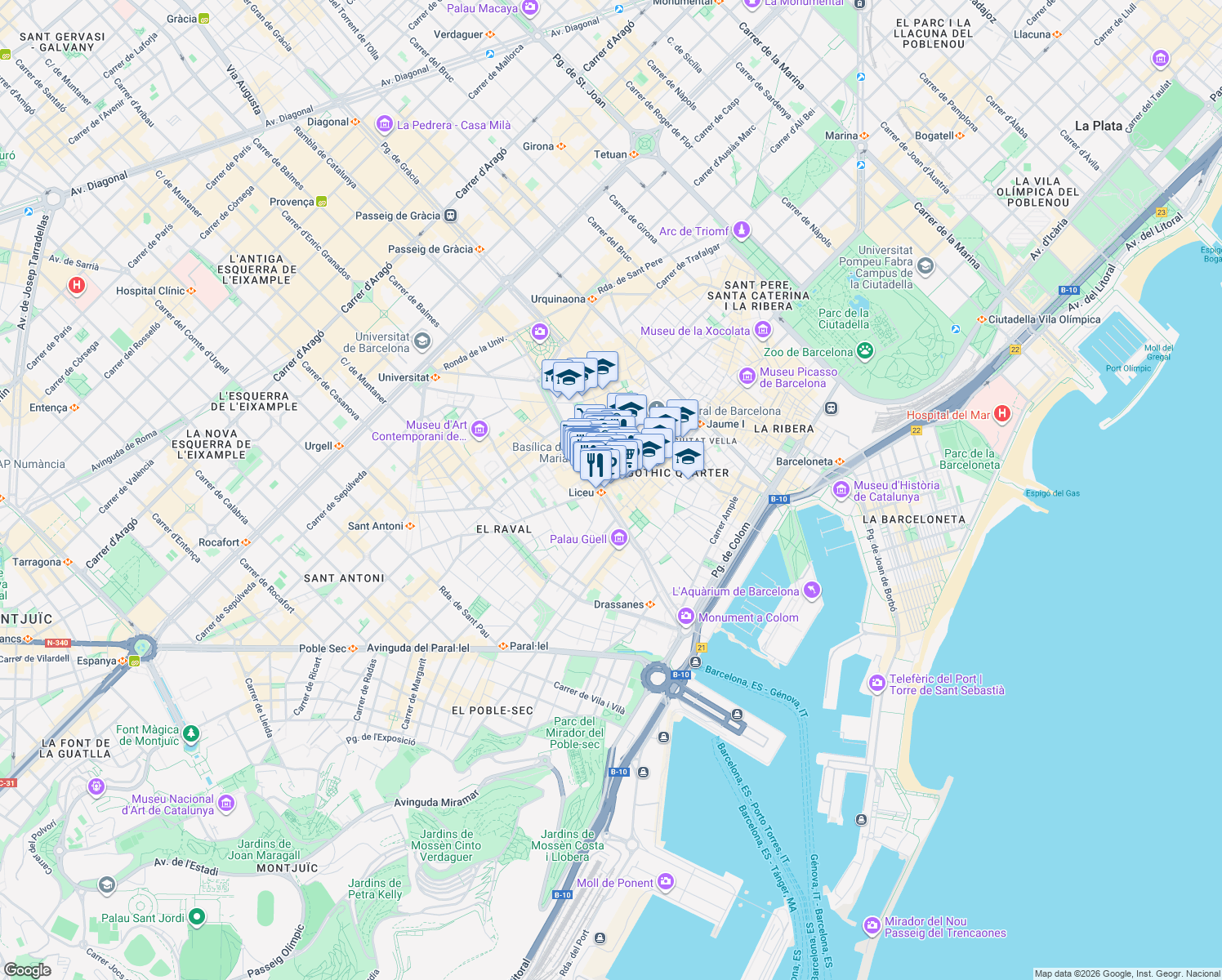 map of restaurants, bars, coffee shops, grocery stores, and more near 13 Carrer del Cardenal Casañas in Barcelona