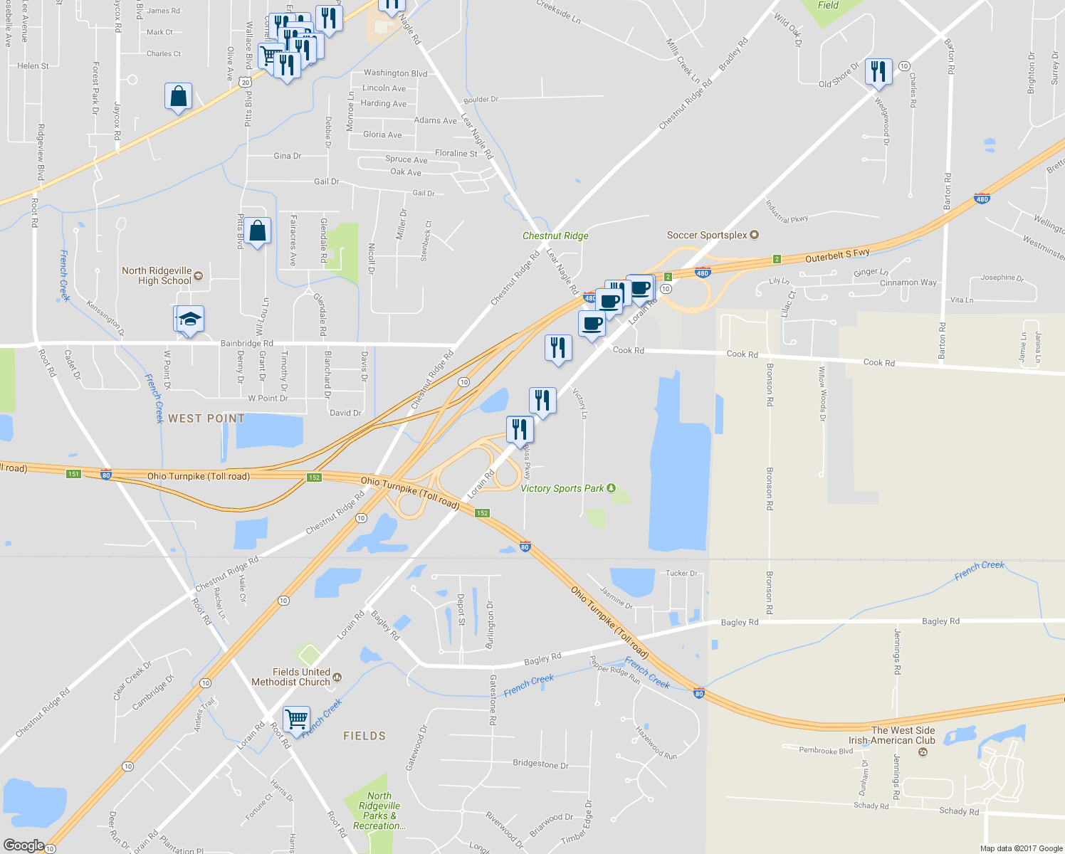 map of restaurants, bars, coffee shops, grocery stores, and more near 32801 Lorain Rd in North Ridgeville