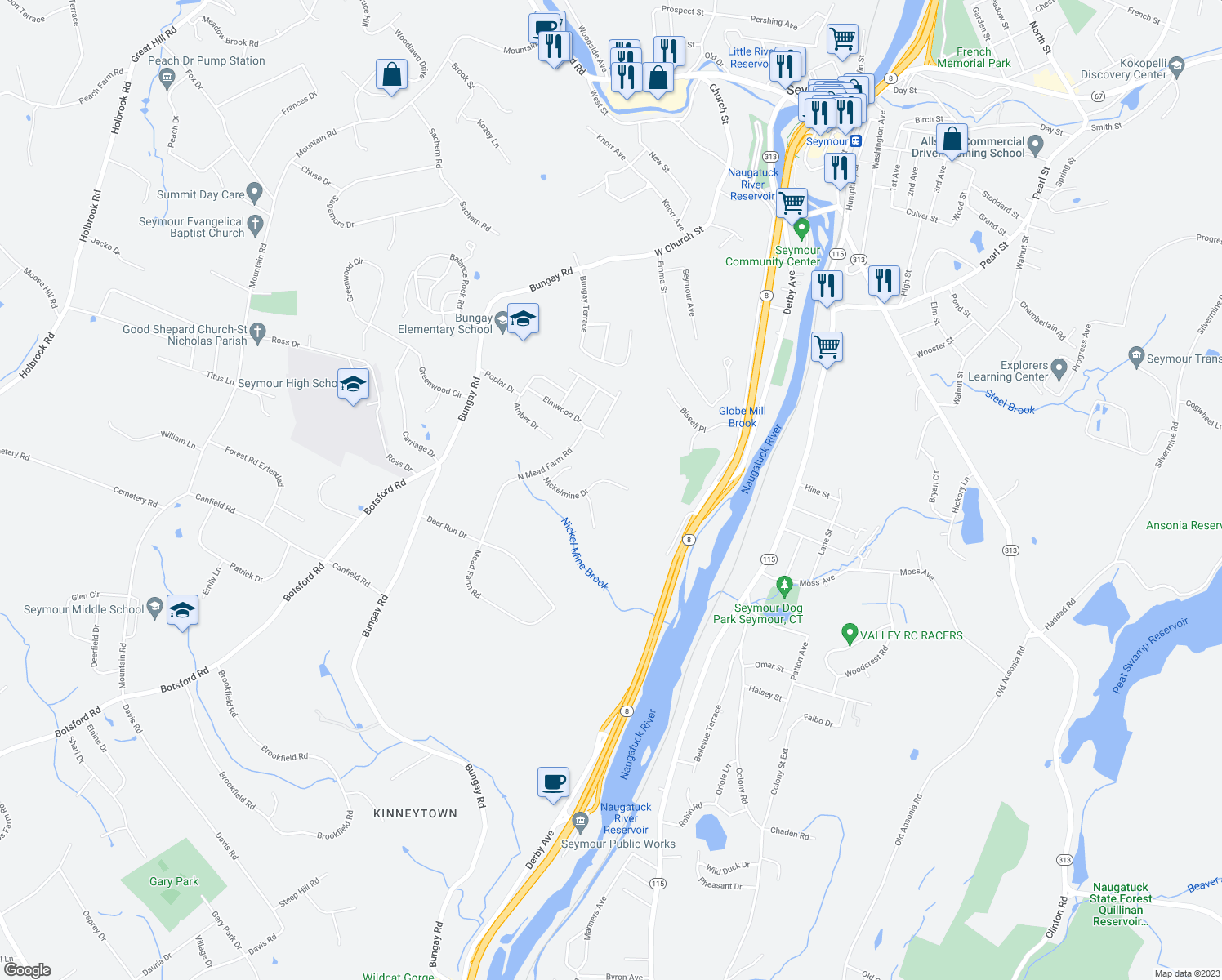 map of restaurants, bars, coffee shops, grocery stores, and more near 14 Nickelmine Drive in Seymour