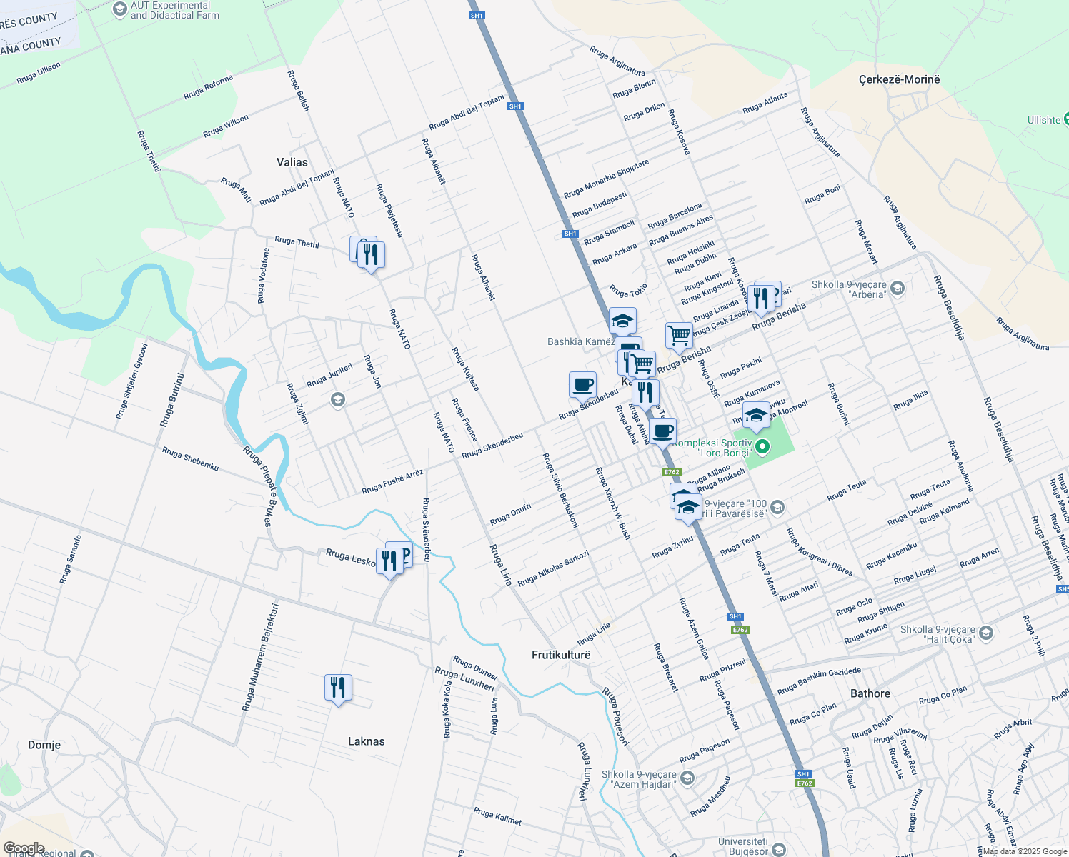 map of restaurants, bars, coffee shops, grocery stores, and more near Rruga Skënderbeu in Kamëz
