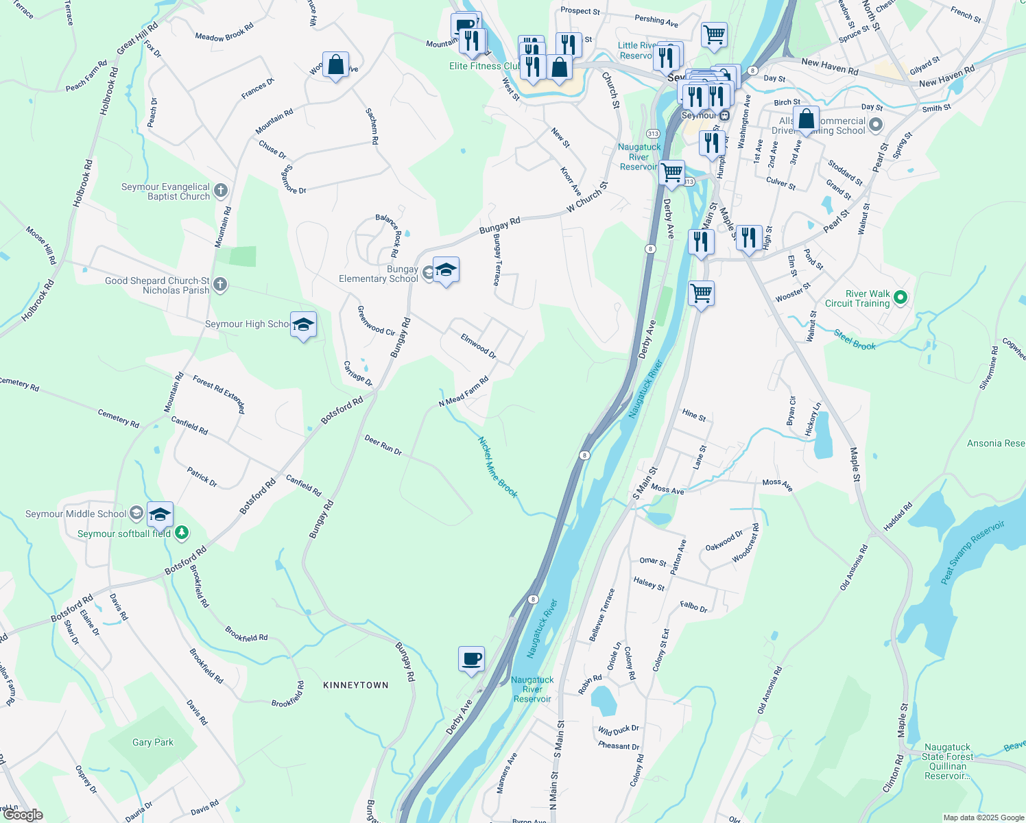map of restaurants, bars, coffee shops, grocery stores, and more near 23 Holbrook Road in Seymour