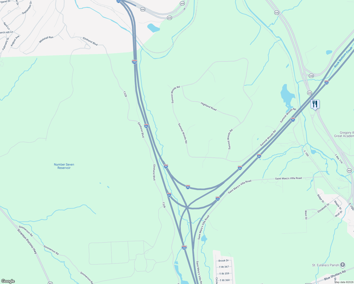 map of restaurants, bars, coffee shops, grocery stores, and more near 389 Summit Woods Road in Lackawanna County