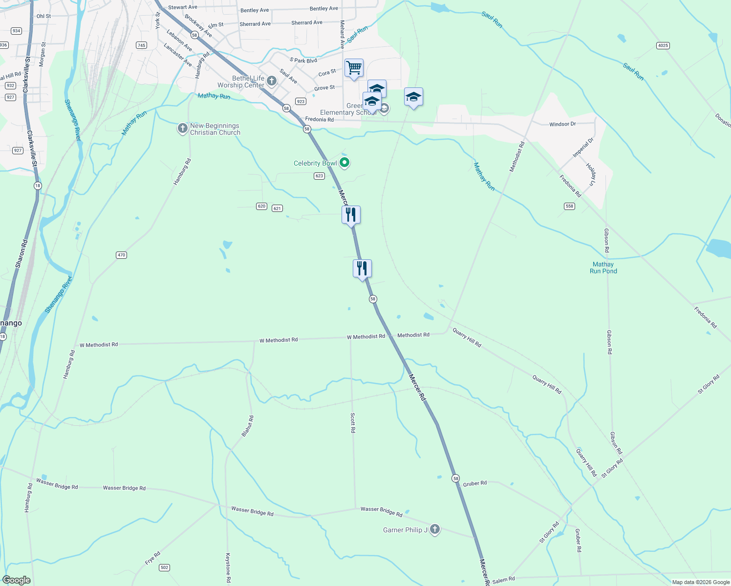 map of restaurants, bars, coffee shops, grocery stores, and more near 399 Mercer Rd in Greenville