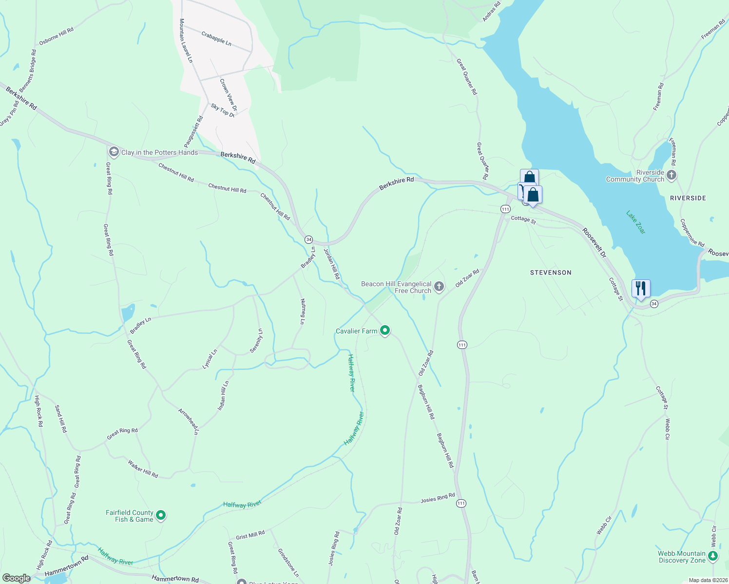 map of restaurants, bars, coffee shops, grocery stores, and more near 13 Jordan Hill Road in Newtown