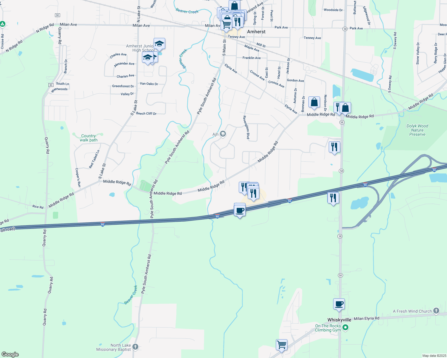 map of restaurants, bars, coffee shops, grocery stores, and more near 46900 Middle Ridge Road in Amherst
