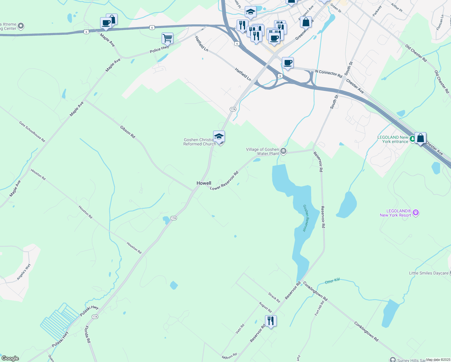 map of restaurants, bars, coffee shops, grocery stores, and more near 13 Lower Reservoir Road in Goshen