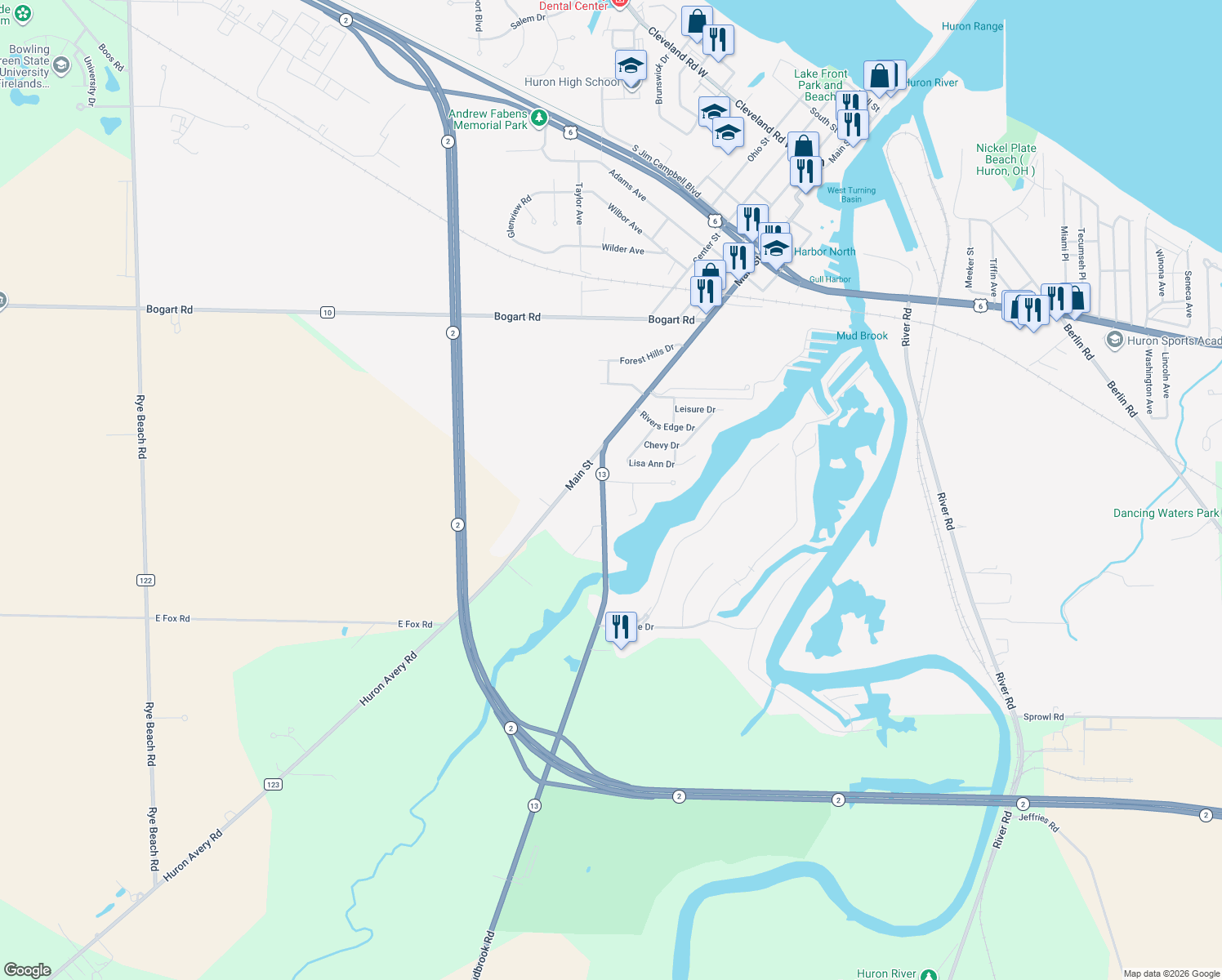 map of restaurants, bars, coffee shops, grocery stores, and more near 1116 Mudbrook Rd in Huron