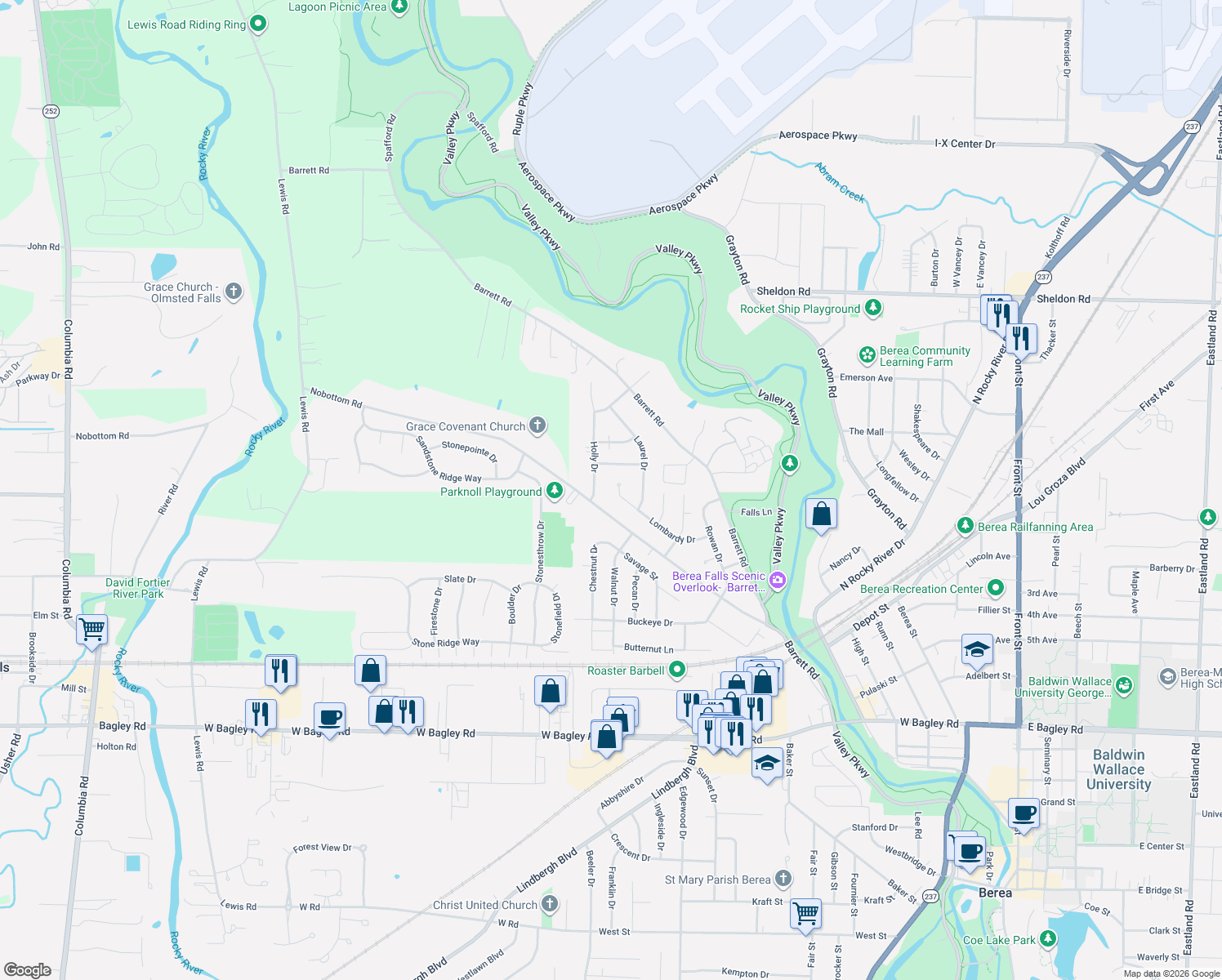 map of restaurants, bars, coffee shops, grocery stores, and more near 445 Lombardy Dr in Berea