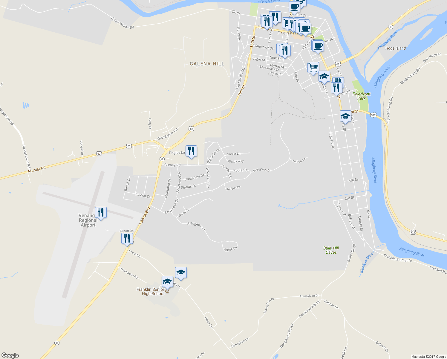 map of restaurants, bars, coffee shops, grocery stores, and more near 103 Tamarack Drive in Franklin
