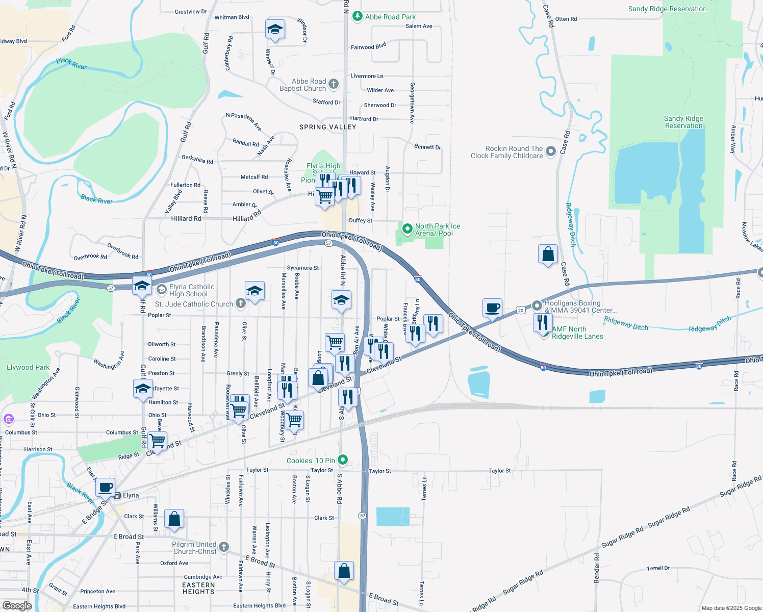 map of restaurants, bars, coffee shops, grocery stores, and more near 320 White Oak Dr in Elyria