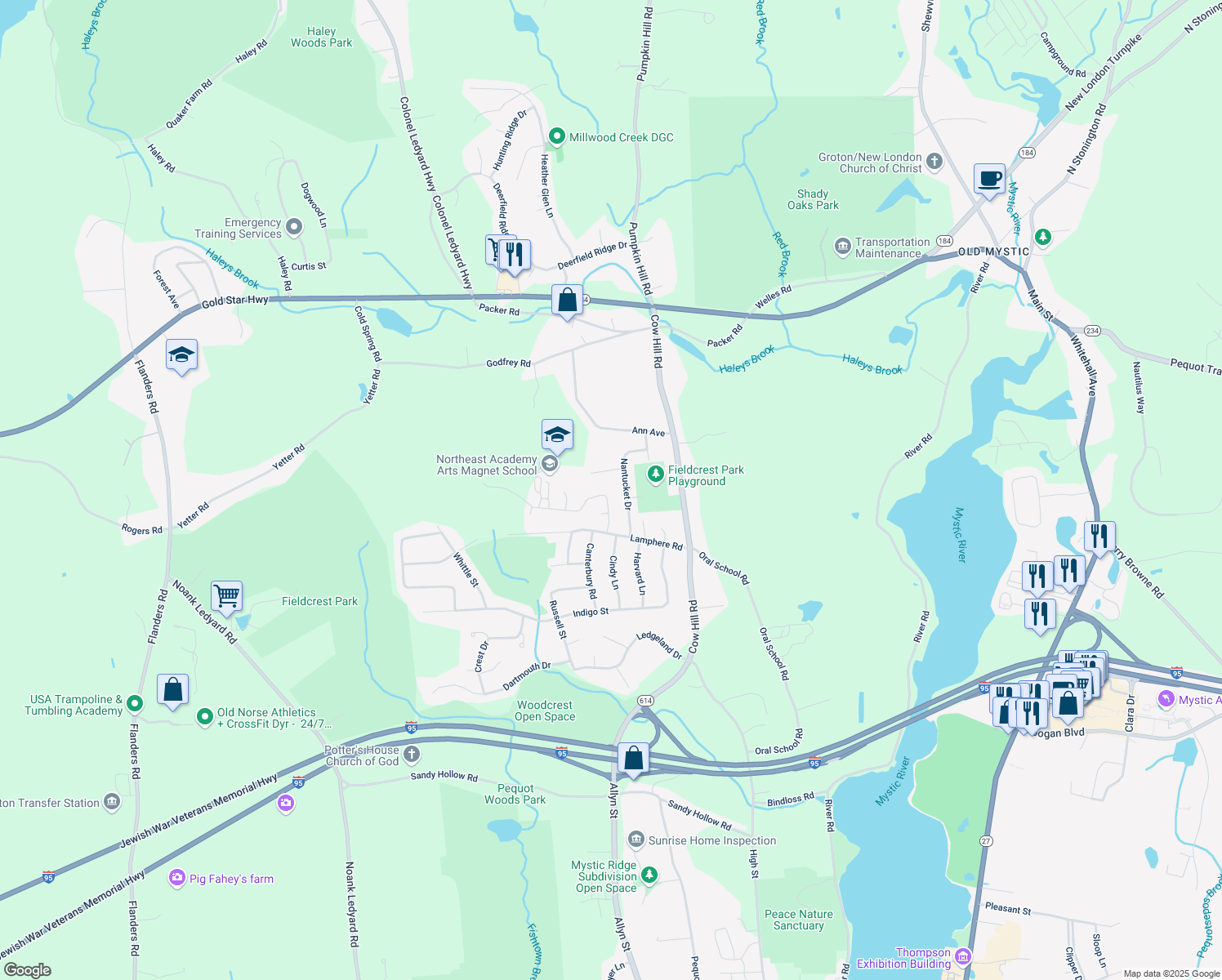 map of restaurants, bars, coffee shops, grocery stores, and more near 37 Oslo Street in Mystic