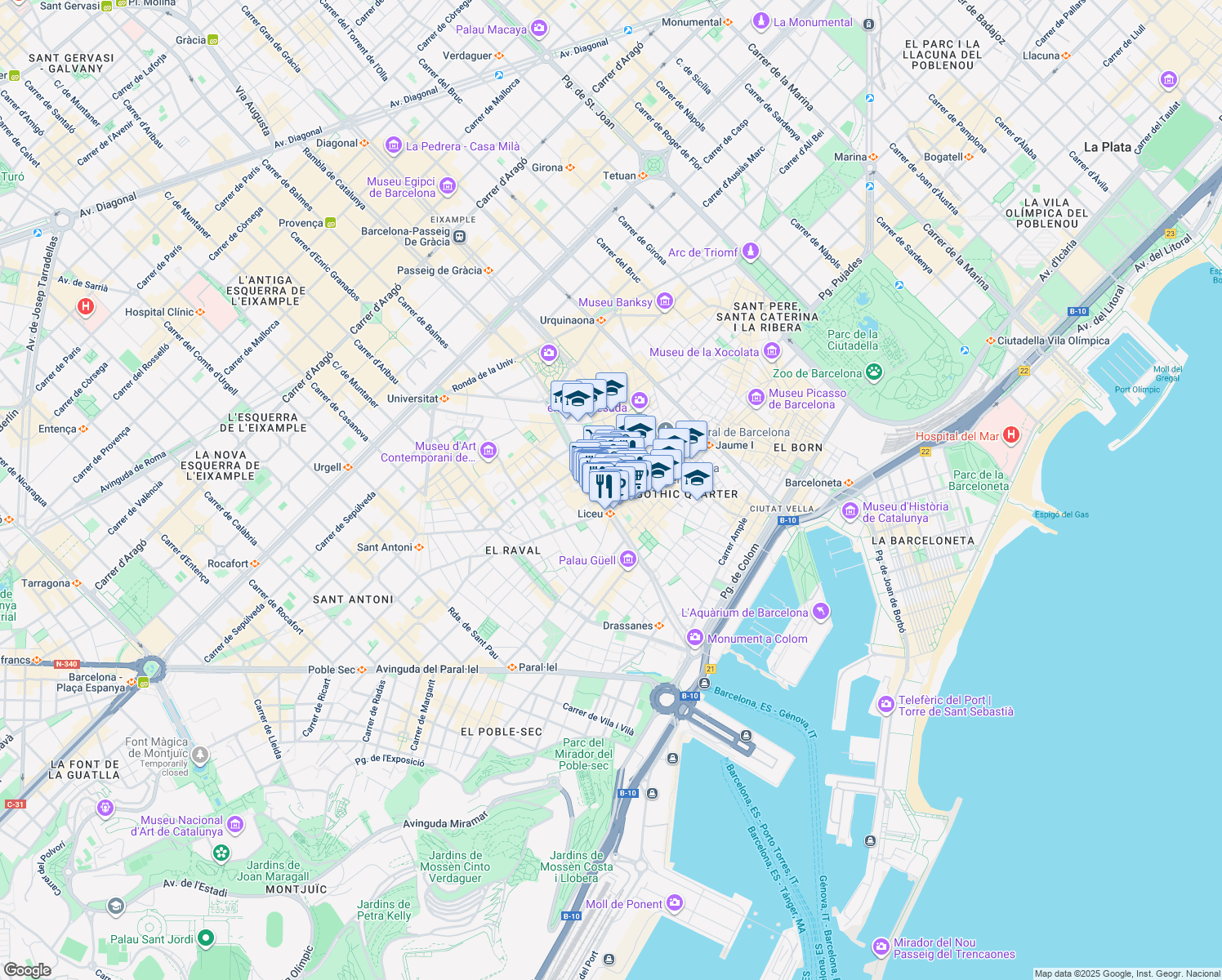 map of restaurants, bars, coffee shops, grocery stores, and more near 13 Carrer del Cardenal Casañas in Barcelona