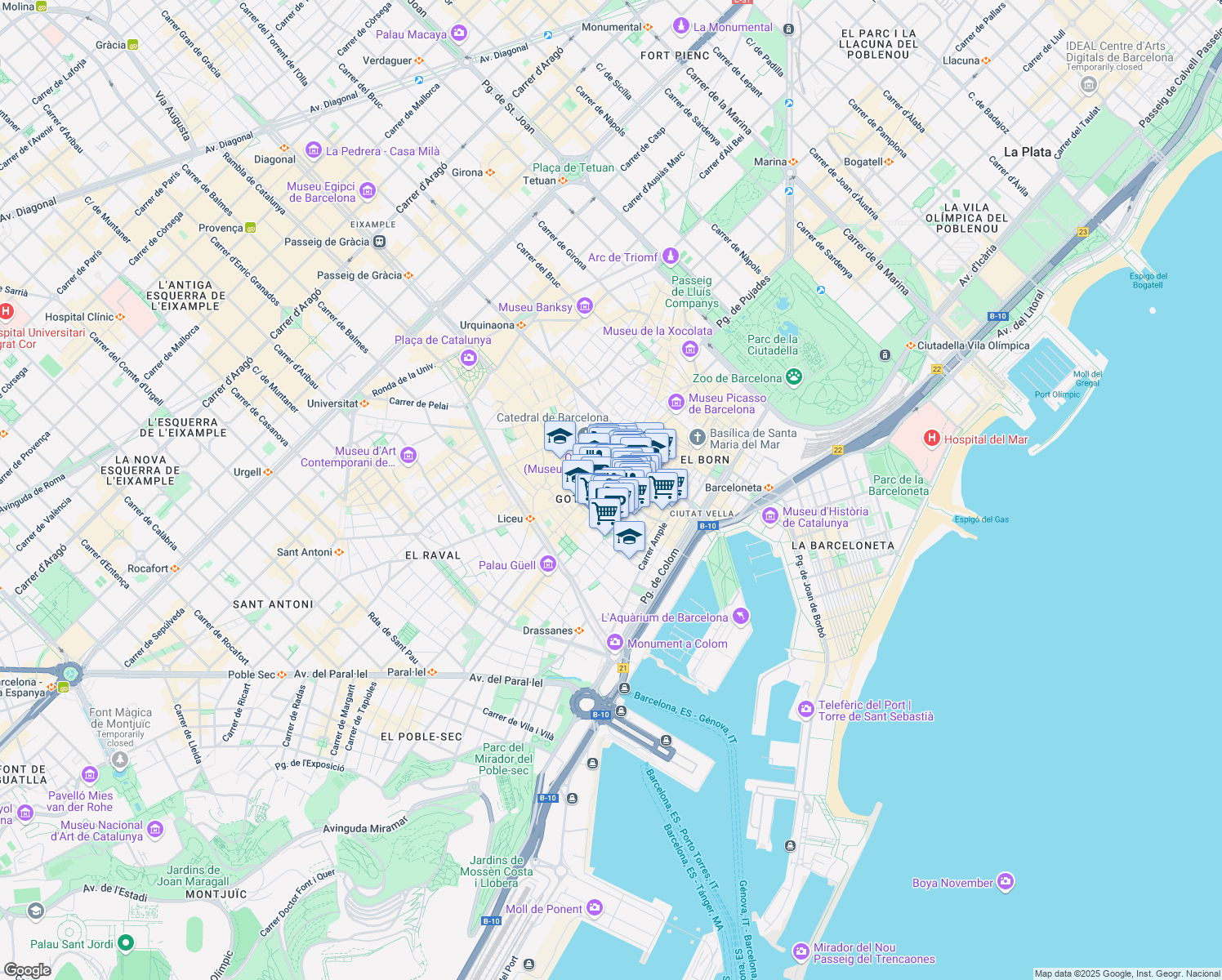 map of restaurants, bars, coffee shops, grocery stores, and more near 1 Plaça de Sant Jaume in Barcelona