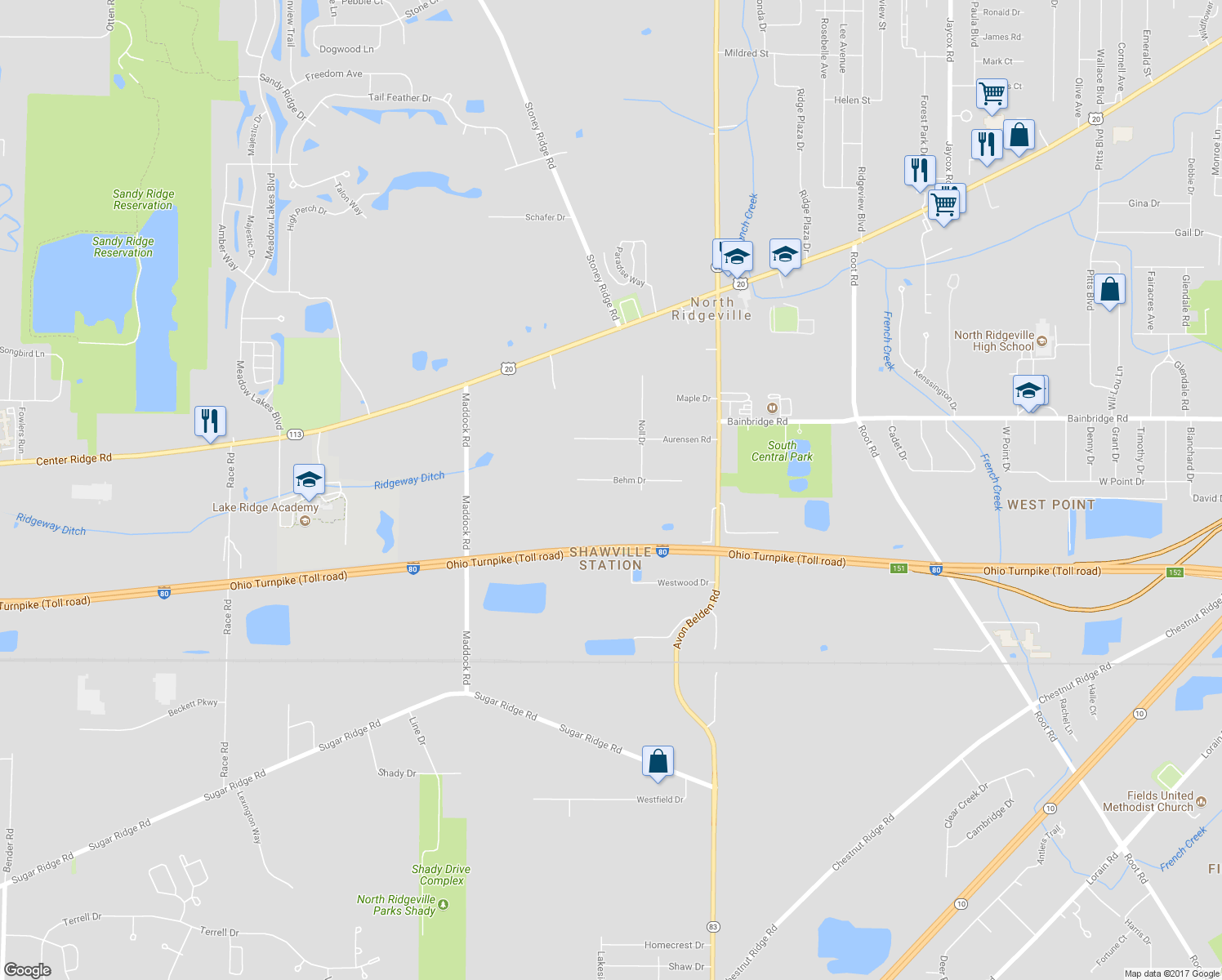 map of restaurants, bars, coffee shops, grocery stores, and more near 36375 Behm Drive in North Ridgeville