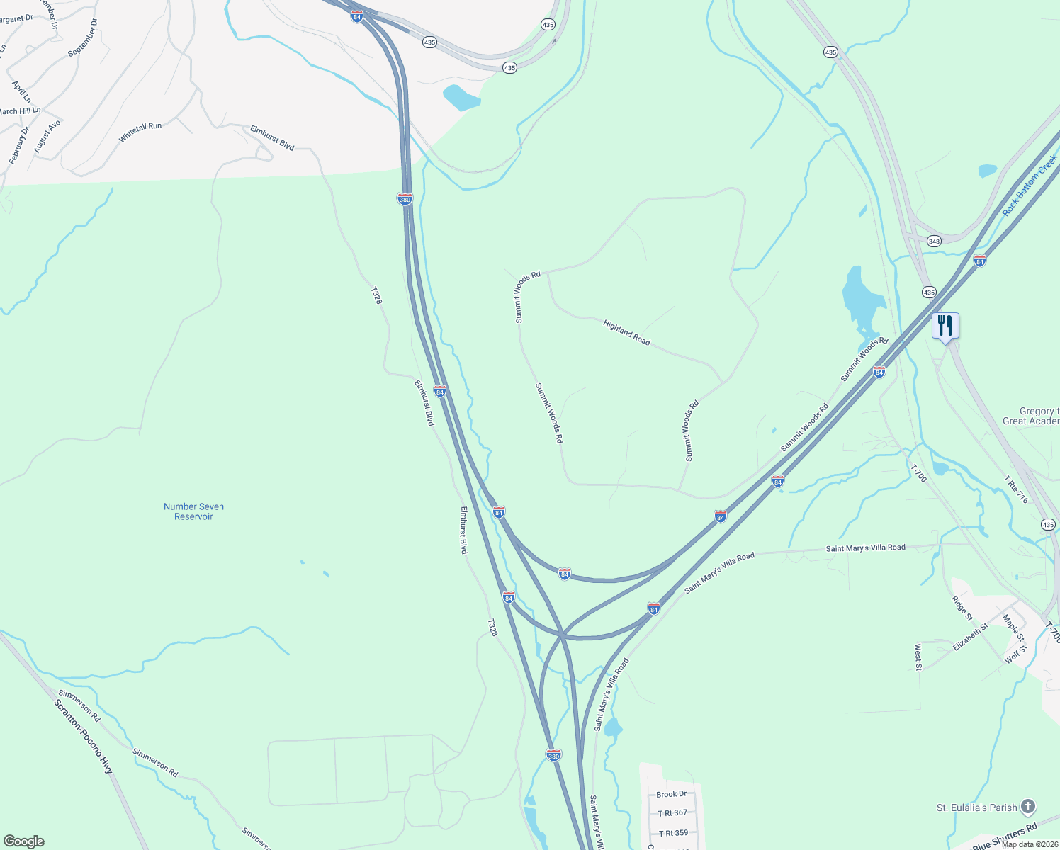 map of restaurants, bars, coffee shops, grocery stores, and more near 389 Summit Woods Road in Lackawanna County