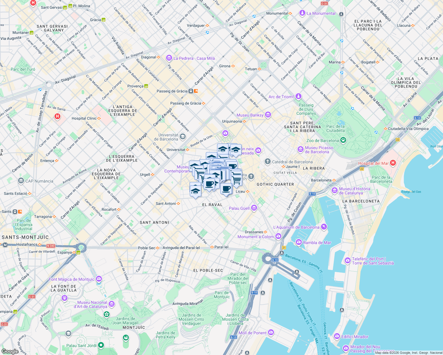 map of restaurants, bars, coffee shops, grocery stores, and more near 22 Carrer del Pintor Fortuny in Barcelona