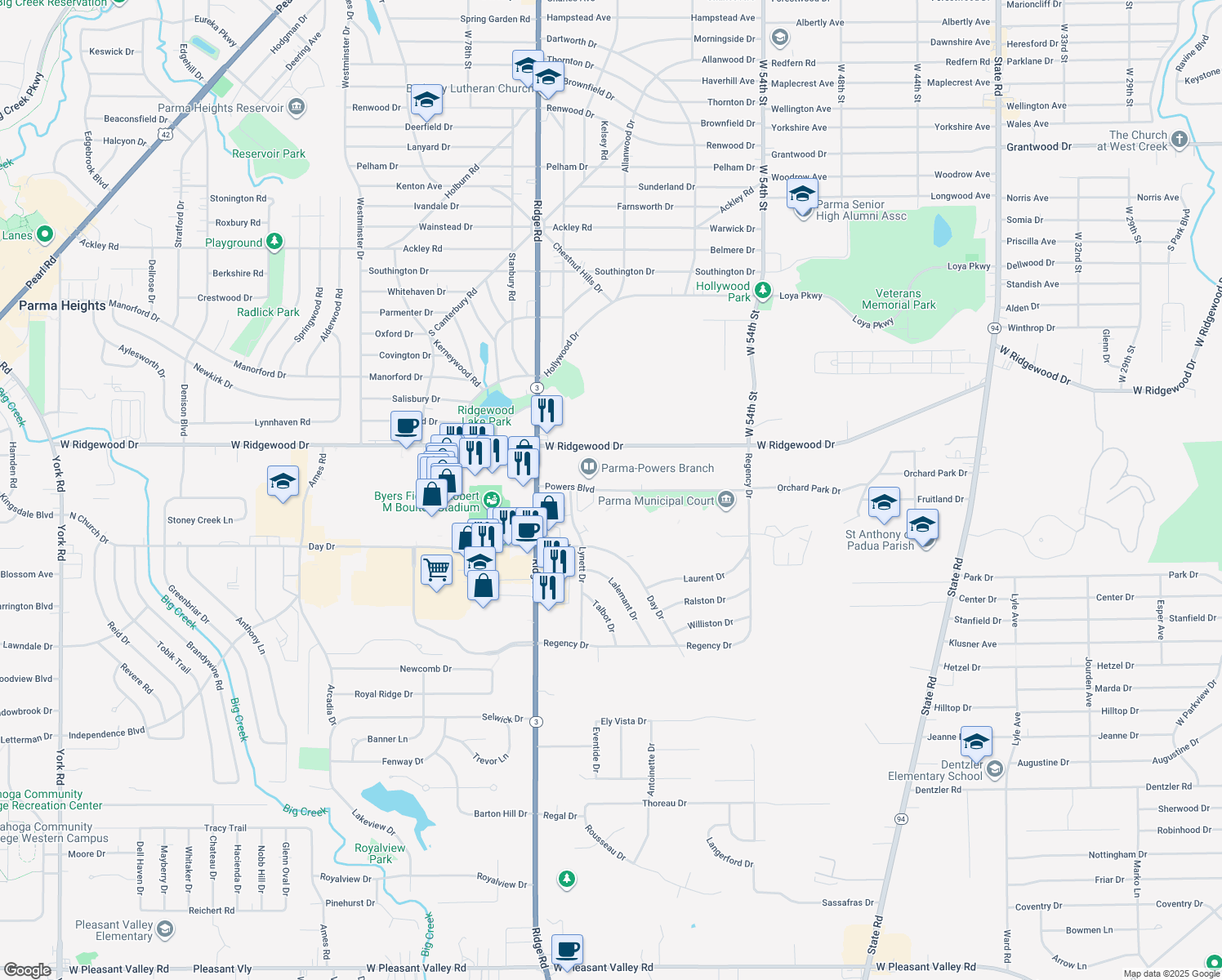 map of restaurants, bars, coffee shops, grocery stores, and more near 6996 Powers Boulevard in Parma