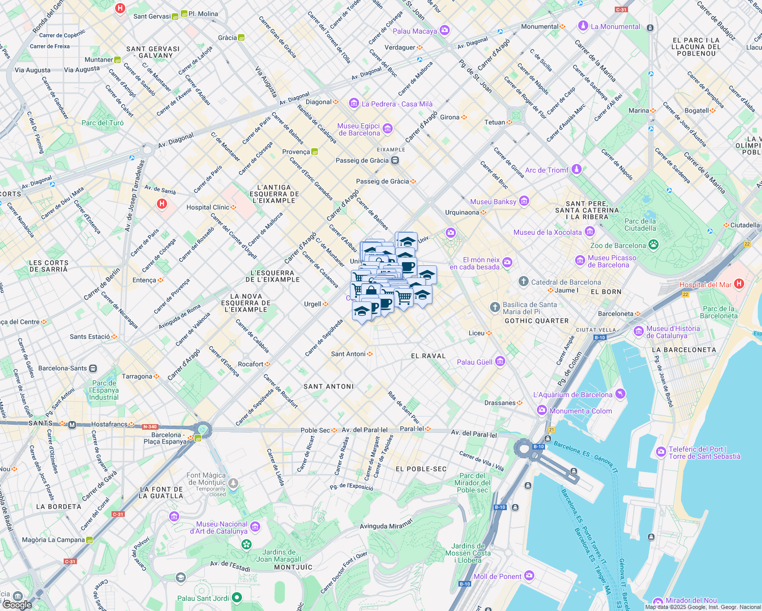 map of restaurants, bars, coffee shops, grocery stores, and more near 60 Carrer de Valldonzella in Barcelona