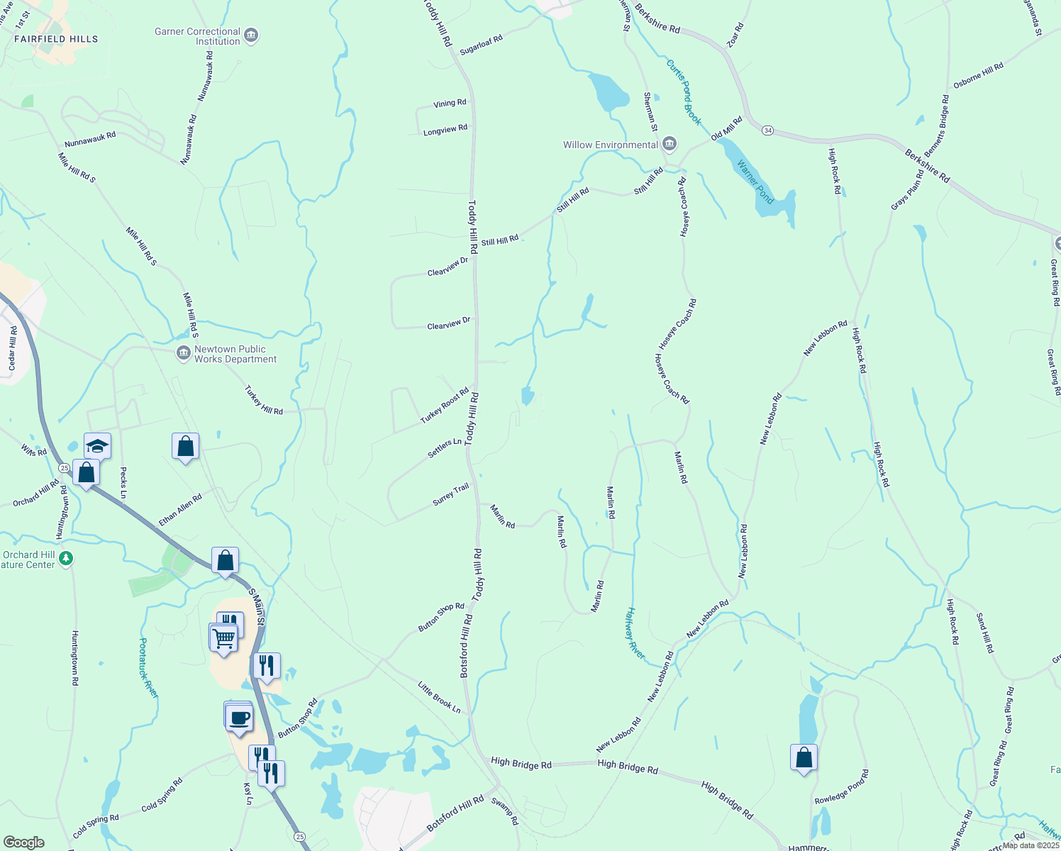 map of restaurants, bars, coffee shops, grocery stores, and more near 139 Toddy Hill Road in Newtown