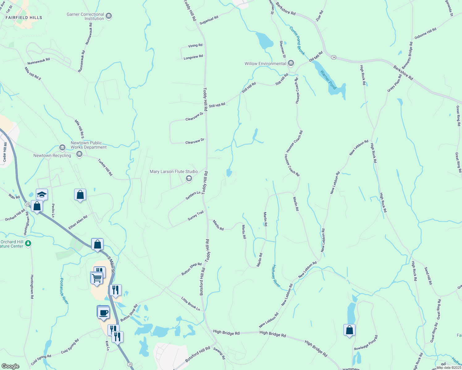 map of restaurants, bars, coffee shops, grocery stores, and more near 139 Toddy Hill Road in Newtown