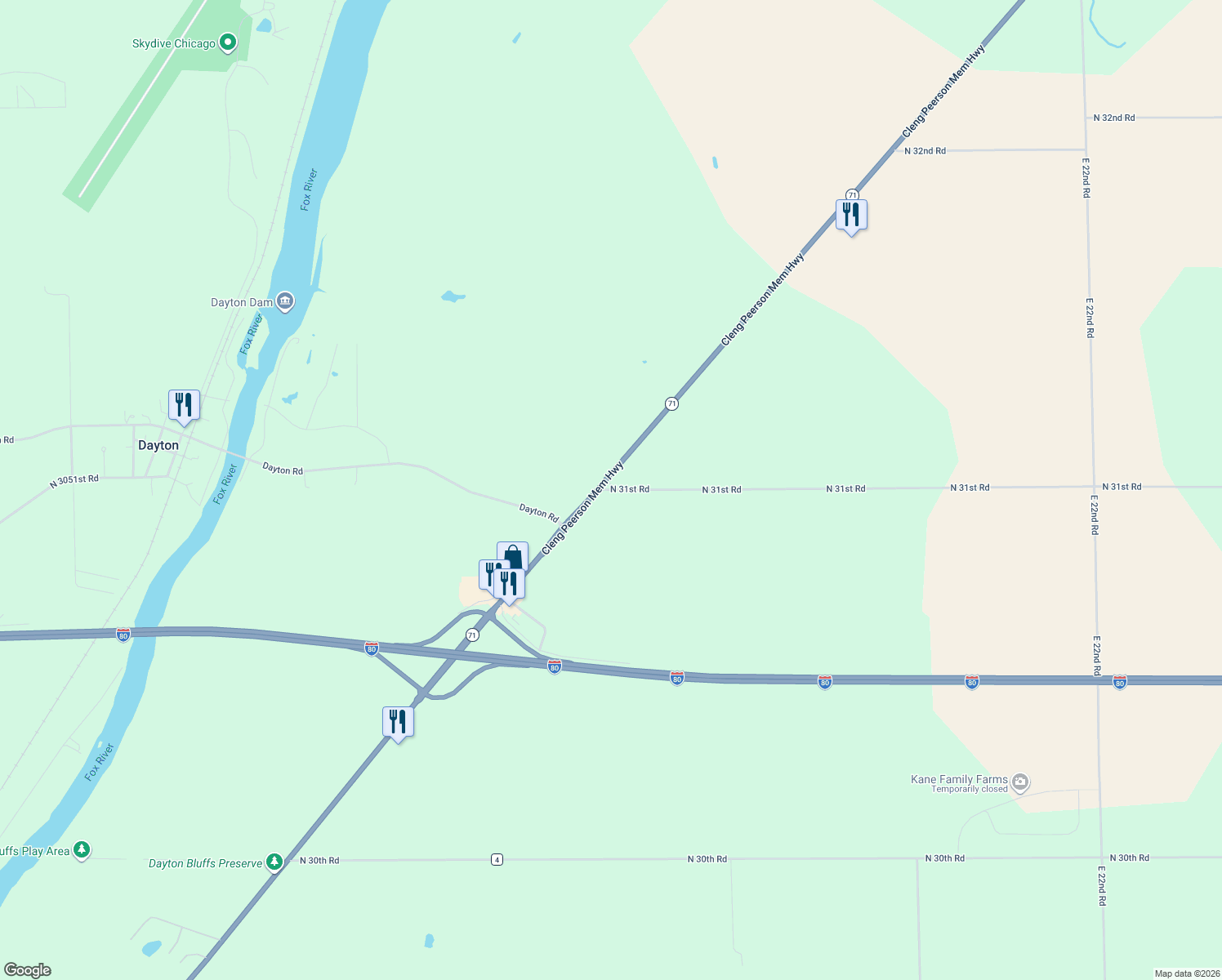 map of restaurants, bars, coffee shops, grocery stores, and more near 2037 North 31st Road in Ottawa