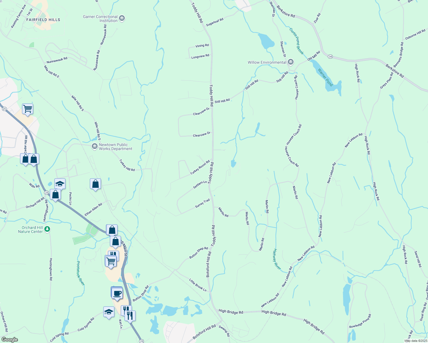map of restaurants, bars, coffee shops, grocery stores, and more near 127 Toddy Hill Road in Newtown
