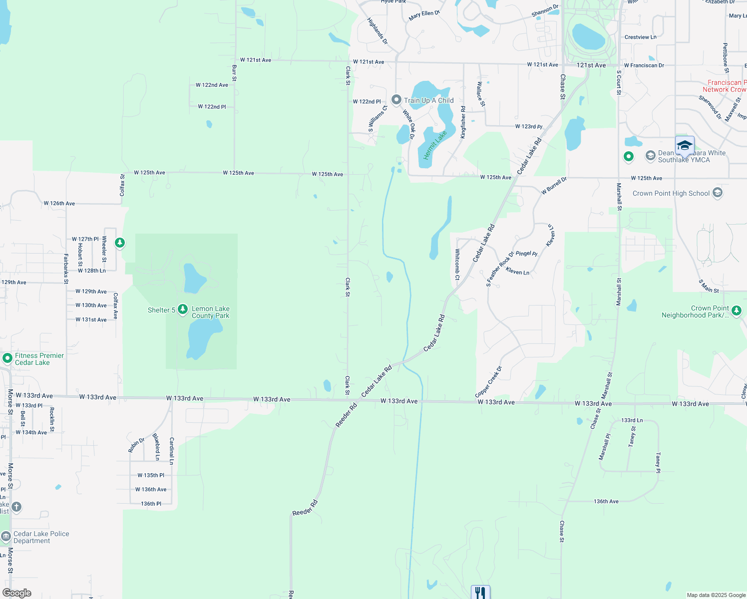 map of restaurants, bars, coffee shops, grocery stores, and more near 12938 Baker Ct in Crown Point