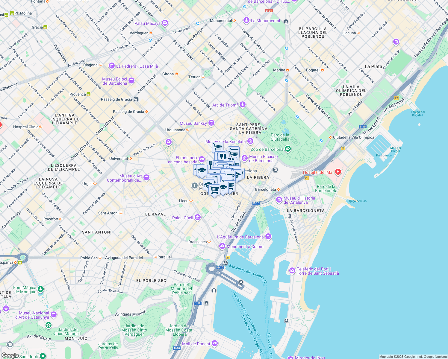 map of restaurants, bars, coffee shops, grocery stores, and more near 4 Carrer de les Trompetes de Jaume I in Barcelona