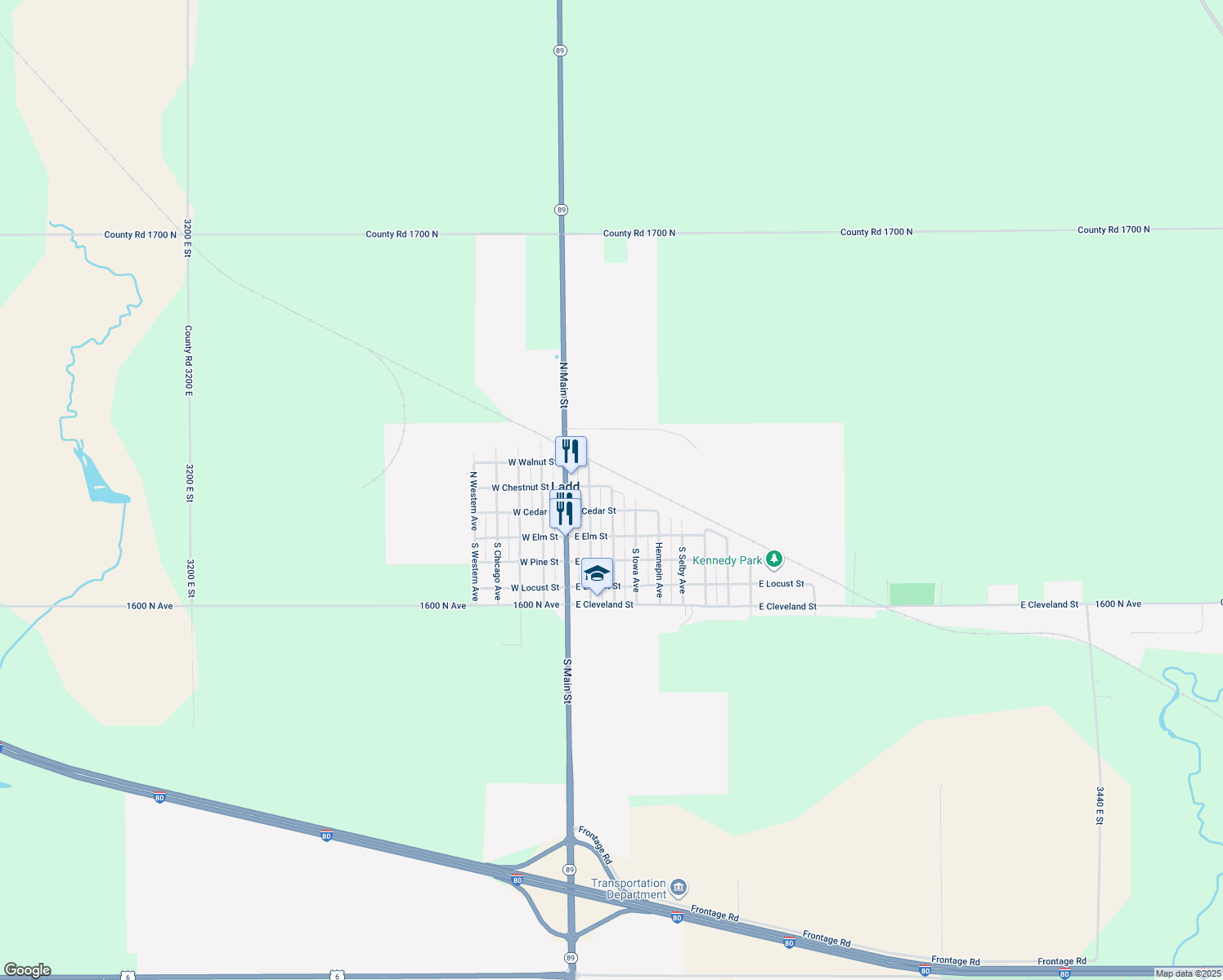 map of restaurants, bars, coffee shops, grocery stores, and more near 234 N Peru Ave in Ladd