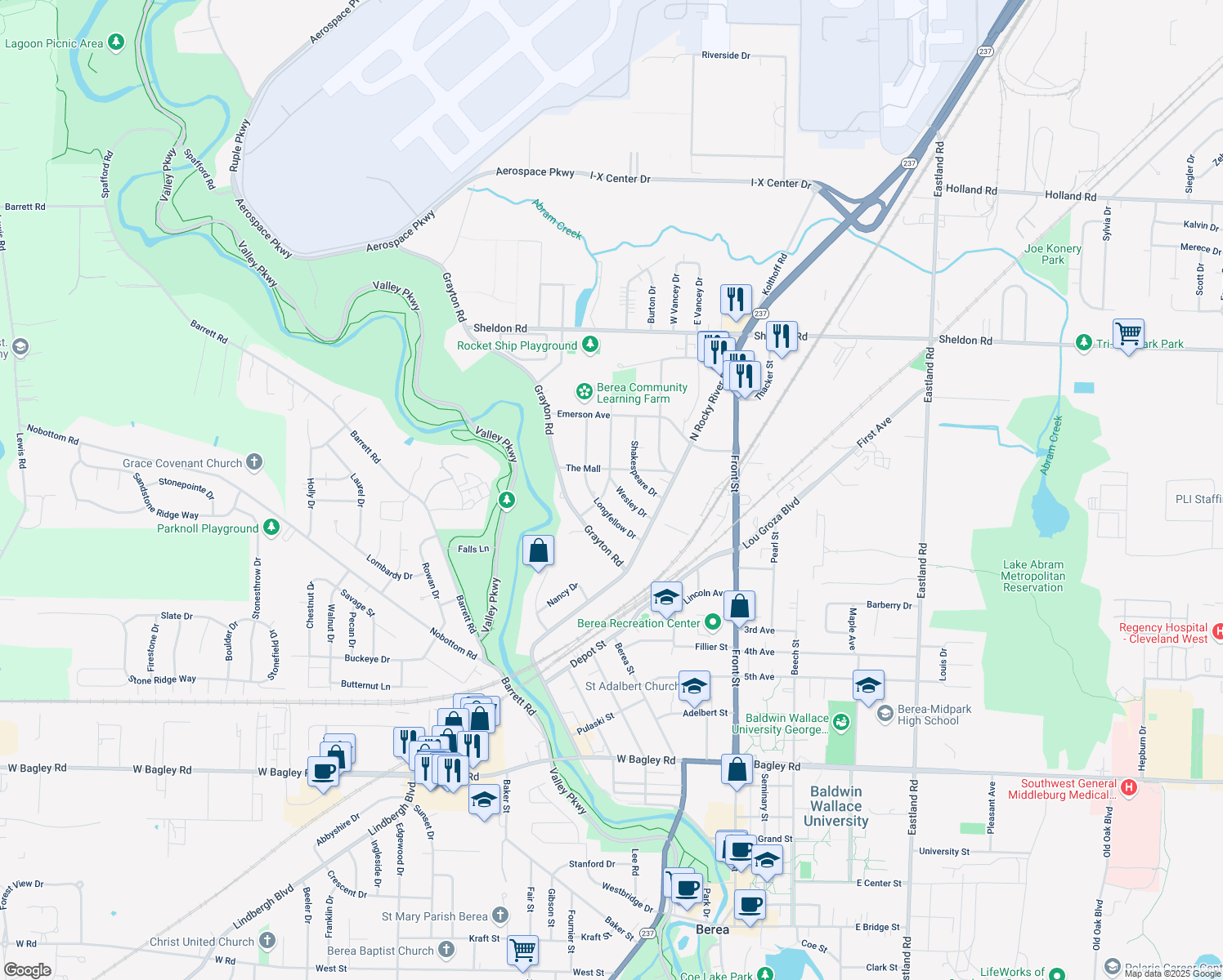 map of restaurants, bars, coffee shops, grocery stores, and more near 675 Wesley Drive in Berea