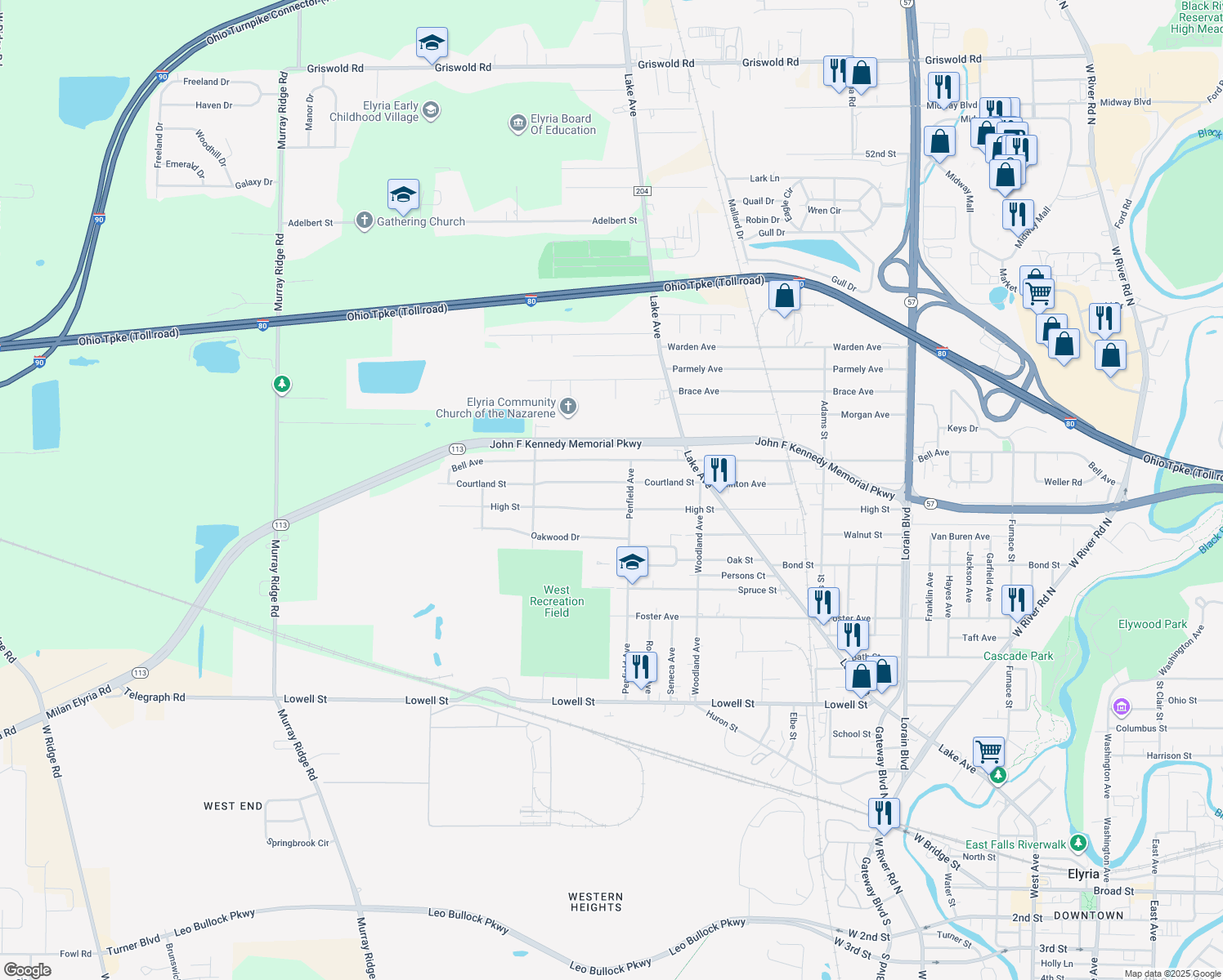 map of restaurants, bars, coffee shops, grocery stores, and more near 218 Courtland St in Elyria