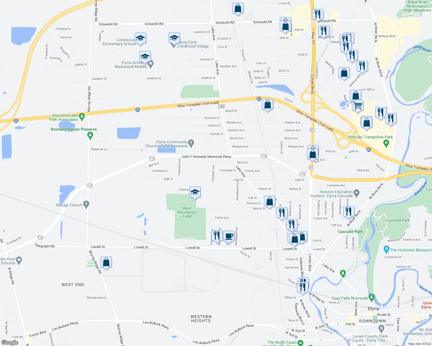 map of restaurants, bars, coffee shops, grocery stores, and more near 166 Courtland Street in Elyria