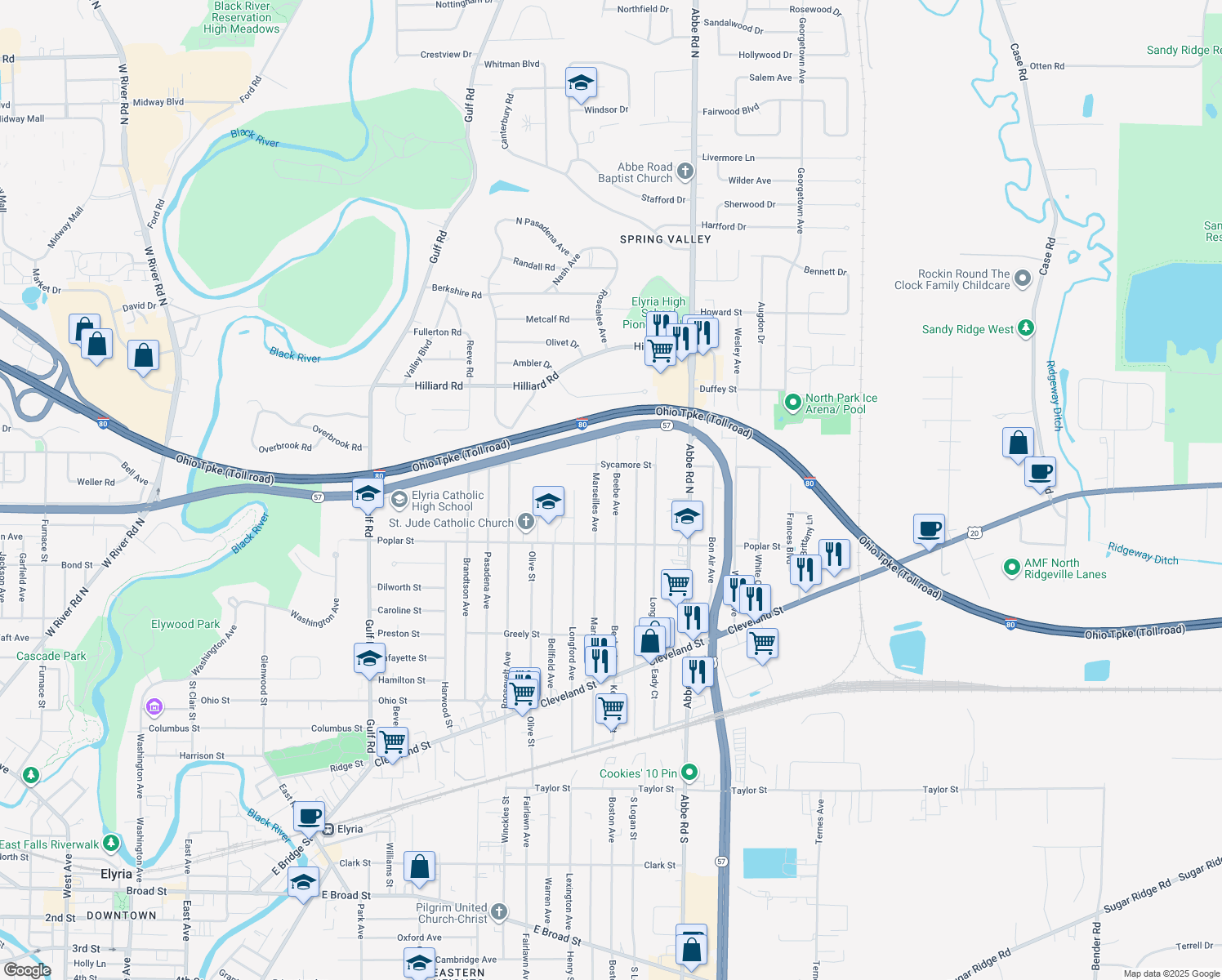 map of restaurants, bars, coffee shops, grocery stores, and more near 358 Beebe Ave in Elyria