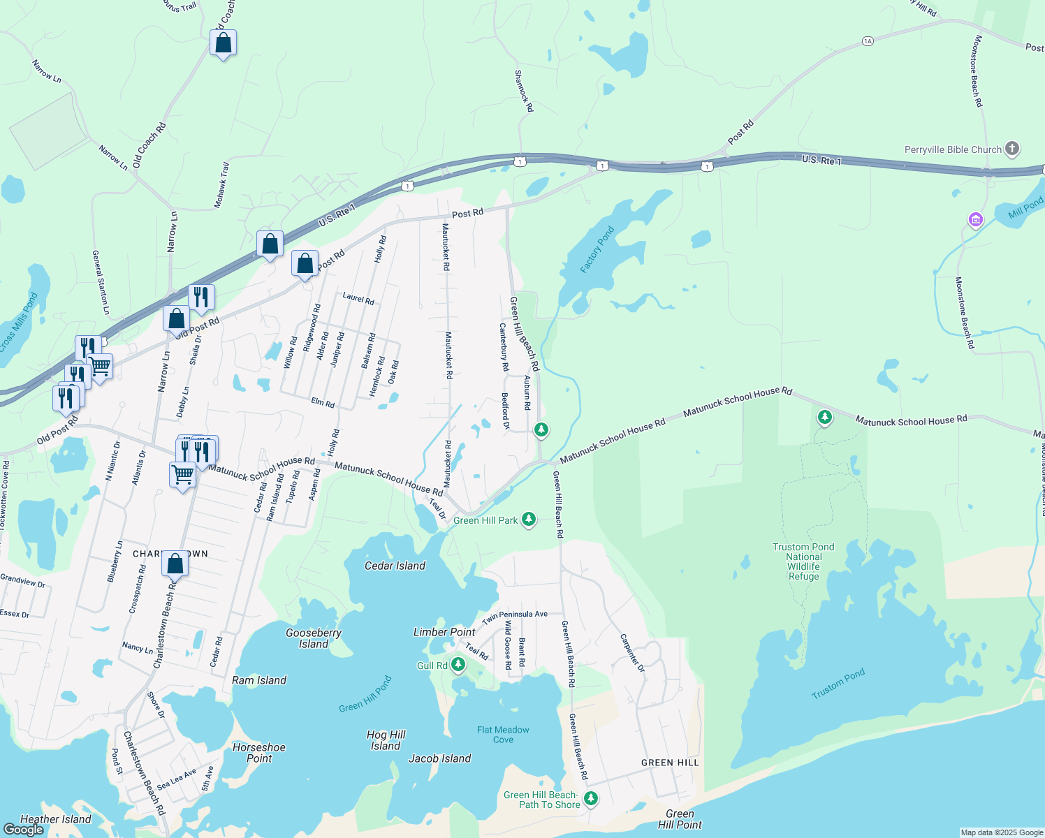 map of restaurants, bars, coffee shops, grocery stores, and more near 95 Auburn Road in South Kingstown