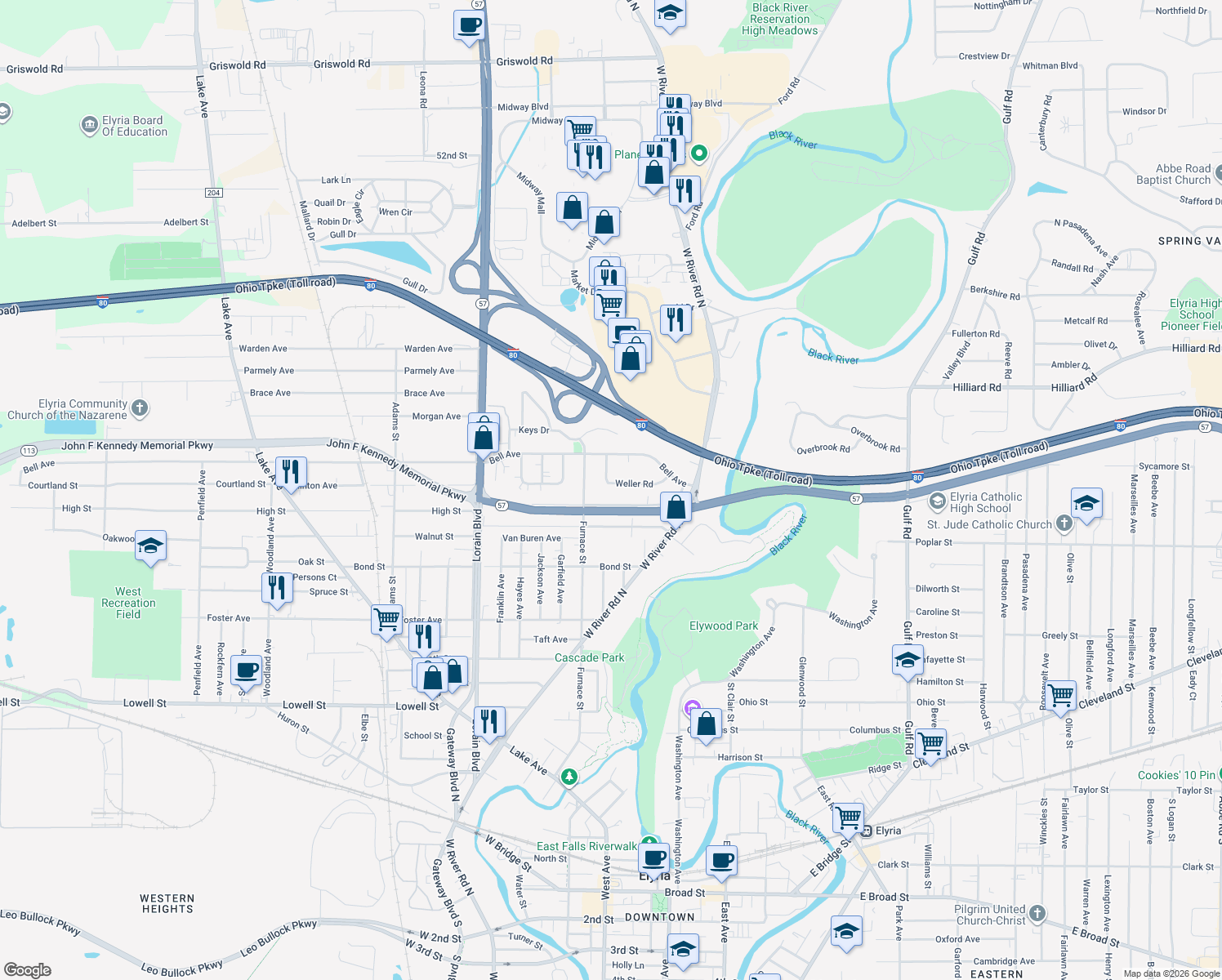 map of restaurants, bars, coffee shops, grocery stores, and more near 633 Weller Rd in Elyria