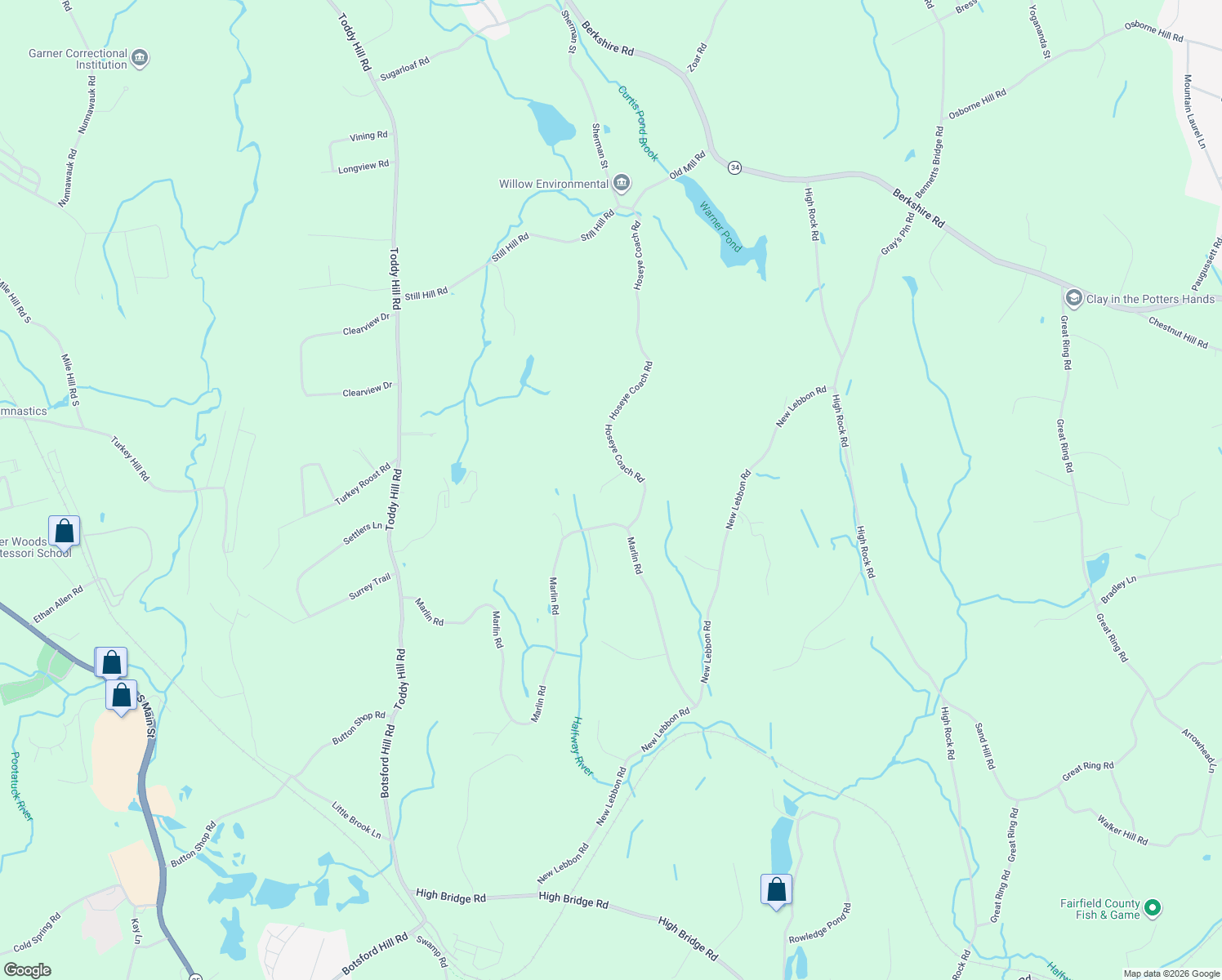 map of restaurants, bars, coffee shops, grocery stores, and more near 44 Hoseye Coach Road in Newtown