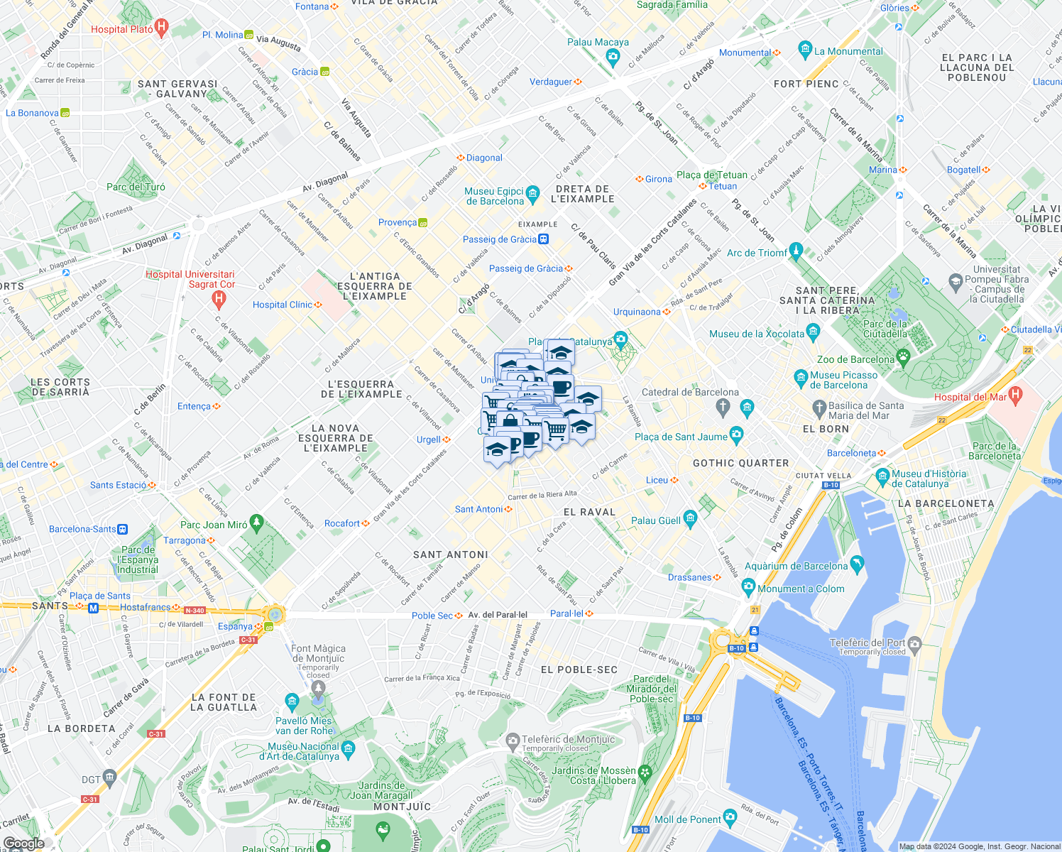 map of restaurants, bars, coffee shops, grocery stores, and more near 57 Carrer de Joaquín Costa in Barcelona