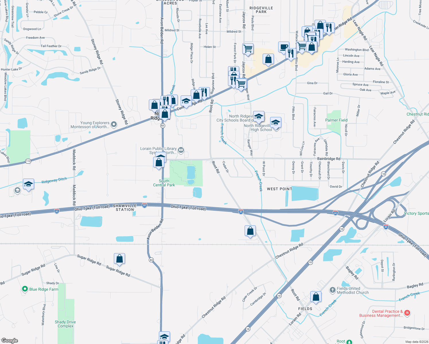map of restaurants, bars, coffee shops, grocery stores, and more near 7350 Root Road in North Ridgeville