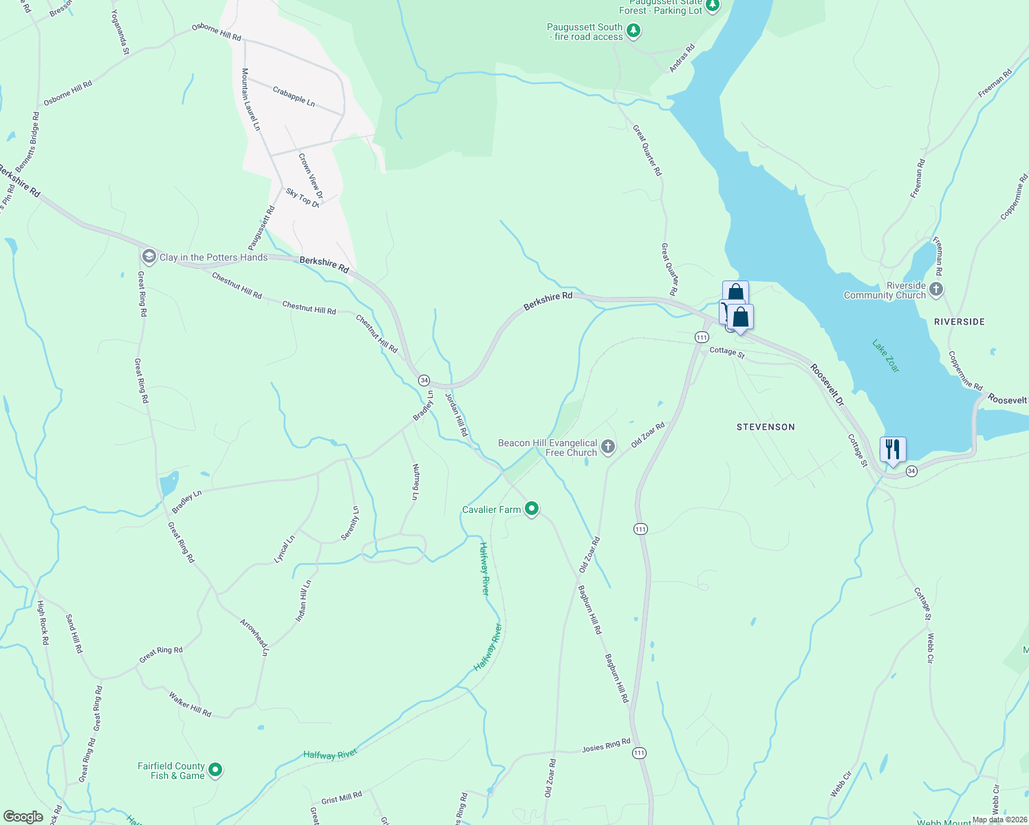map of restaurants, bars, coffee shops, grocery stores, and more near 9 Jordan Hill Road in Newtown