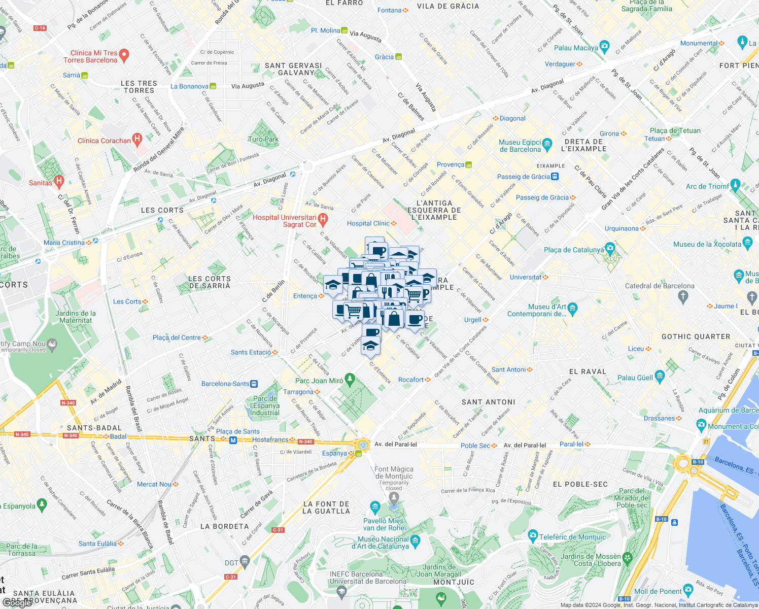 map of restaurants, bars, coffee shops, grocery stores, and more near 81 Avinguda de Roma in Barcelona