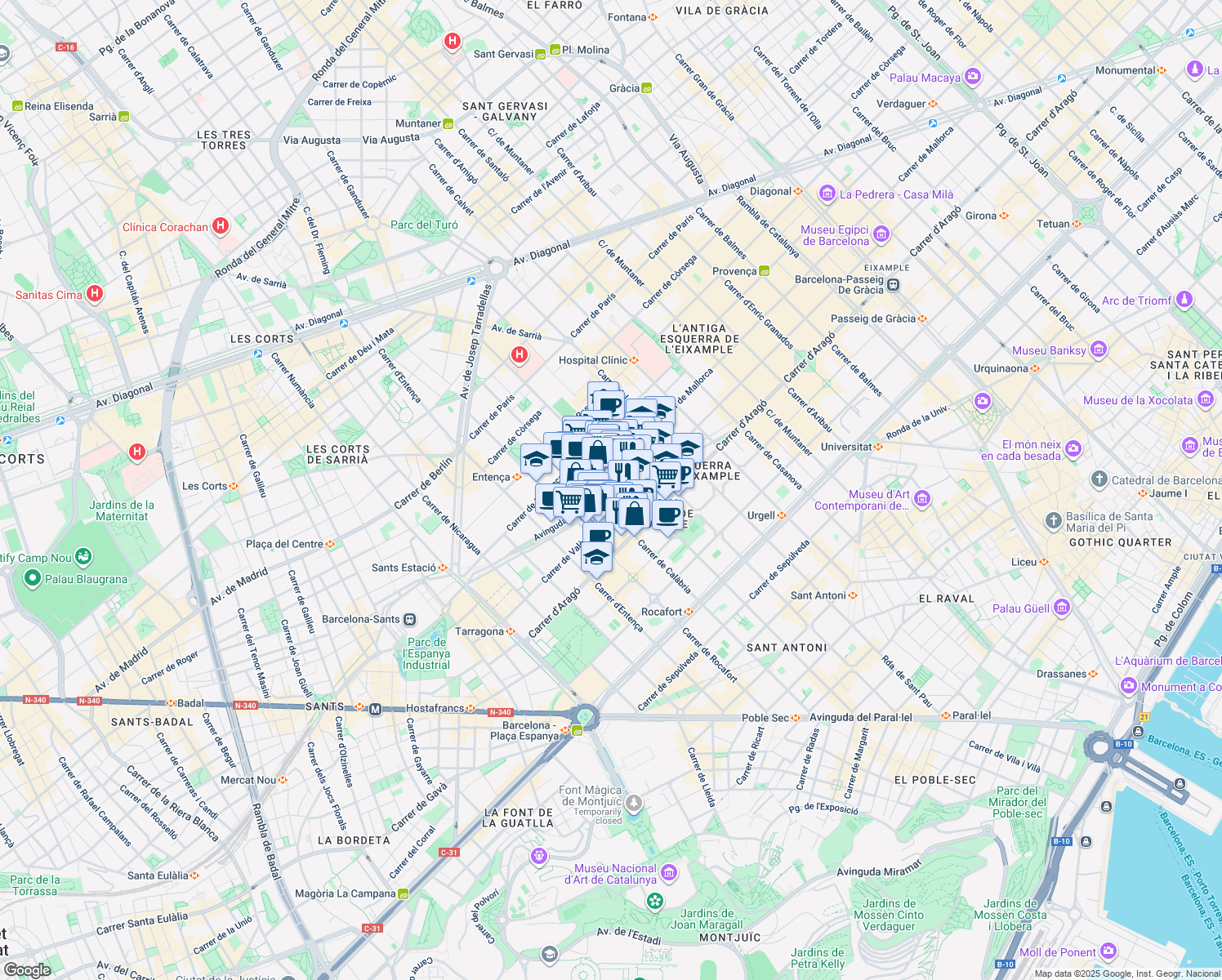 map of restaurants, bars, coffee shops, grocery stores, and more near 81 Avinguda de Roma in Barcelona