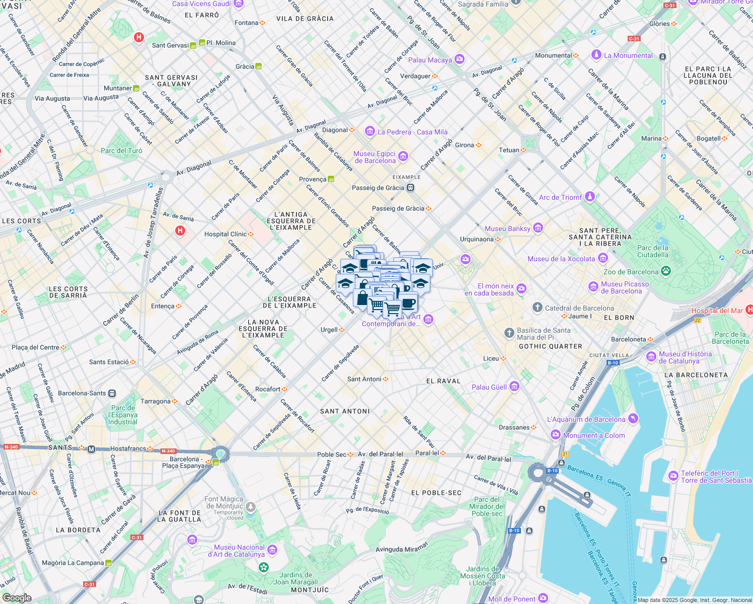 map of restaurants, bars, coffee shops, grocery stores, and more near 580 Gran Via de les Corts Catalanes in Barcelona