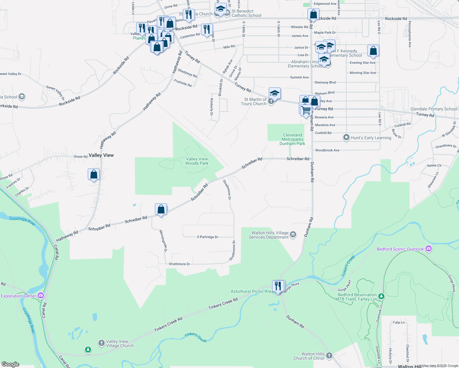 map of restaurants, bars, coffee shops, grocery stores, and more near 6555 Strathmore Drive in Valley View
