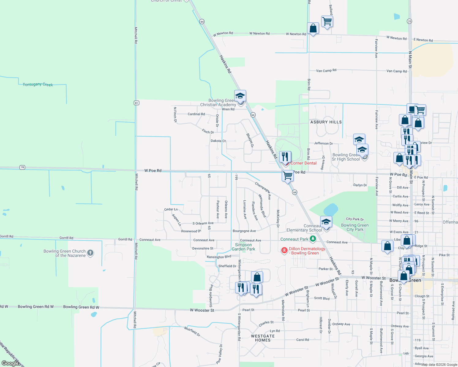 map of restaurants, bars, coffee shops, grocery stores, and more near 808 Savoie Avenue in Bowling Green