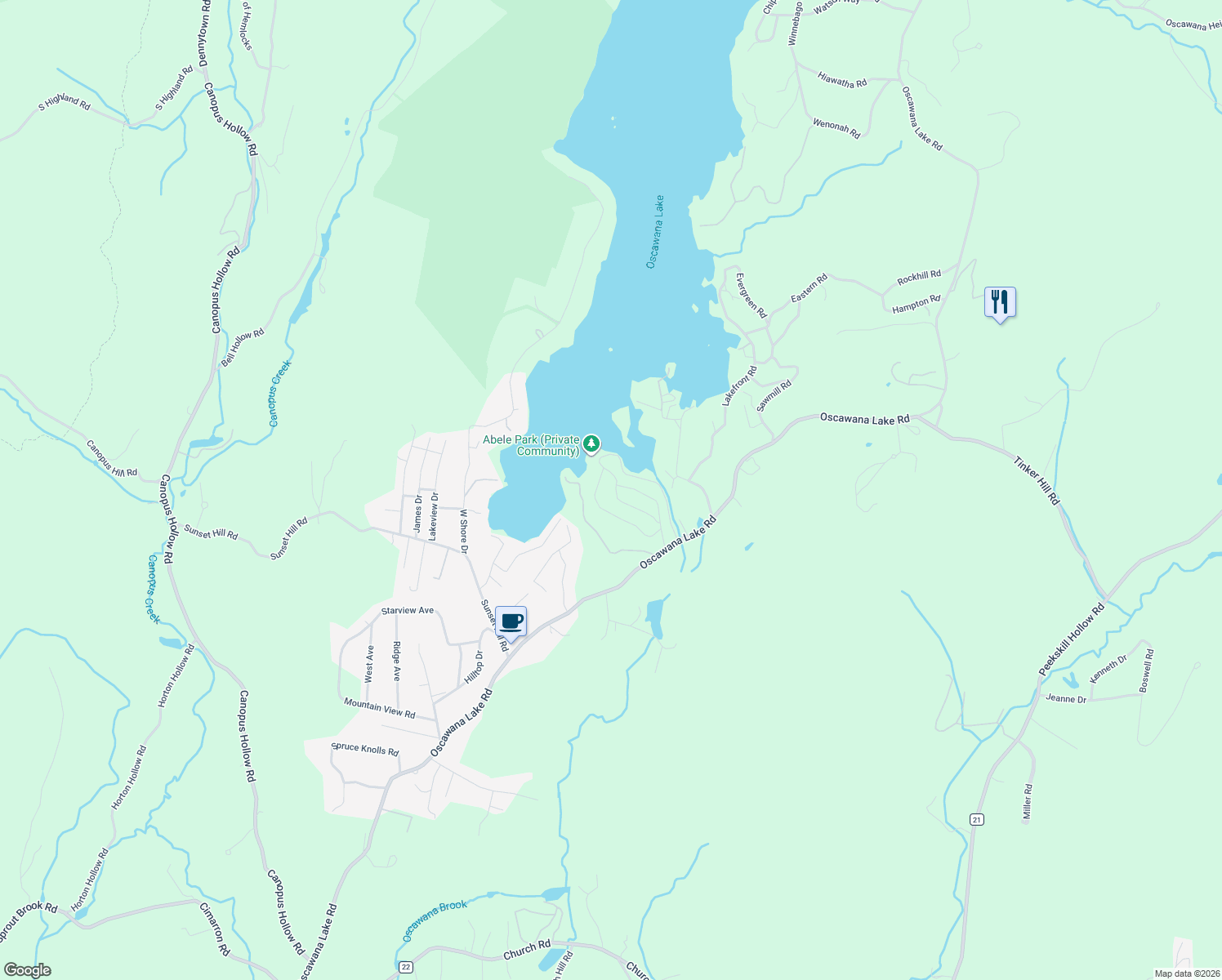 map of restaurants, bars, coffee shops, grocery stores, and more near 35 Seneca Road in Putnam Valley